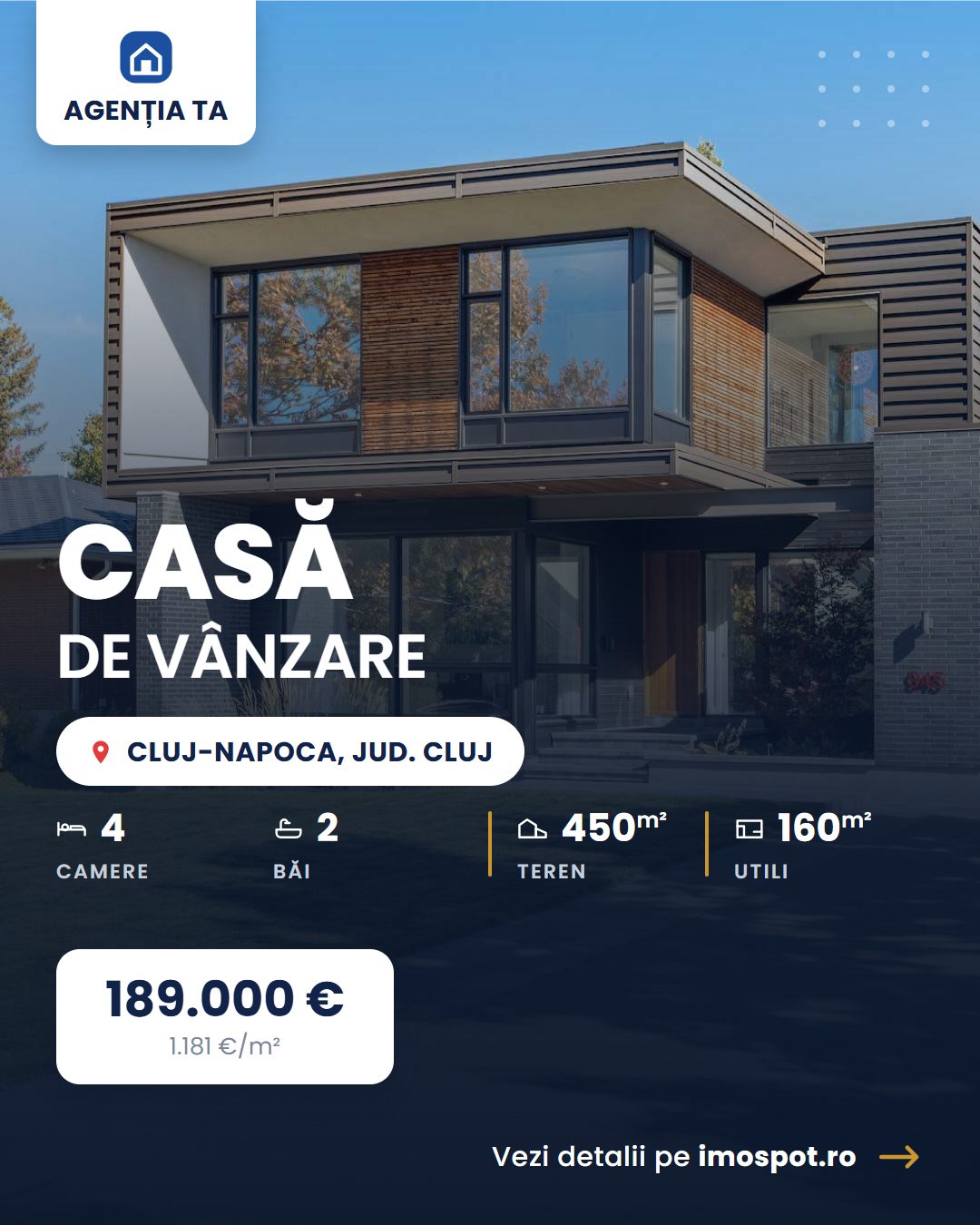 Casă de vânzare în Cluj-Napoca — postare generată automat de Imospot pentru Facebook și Instagram
