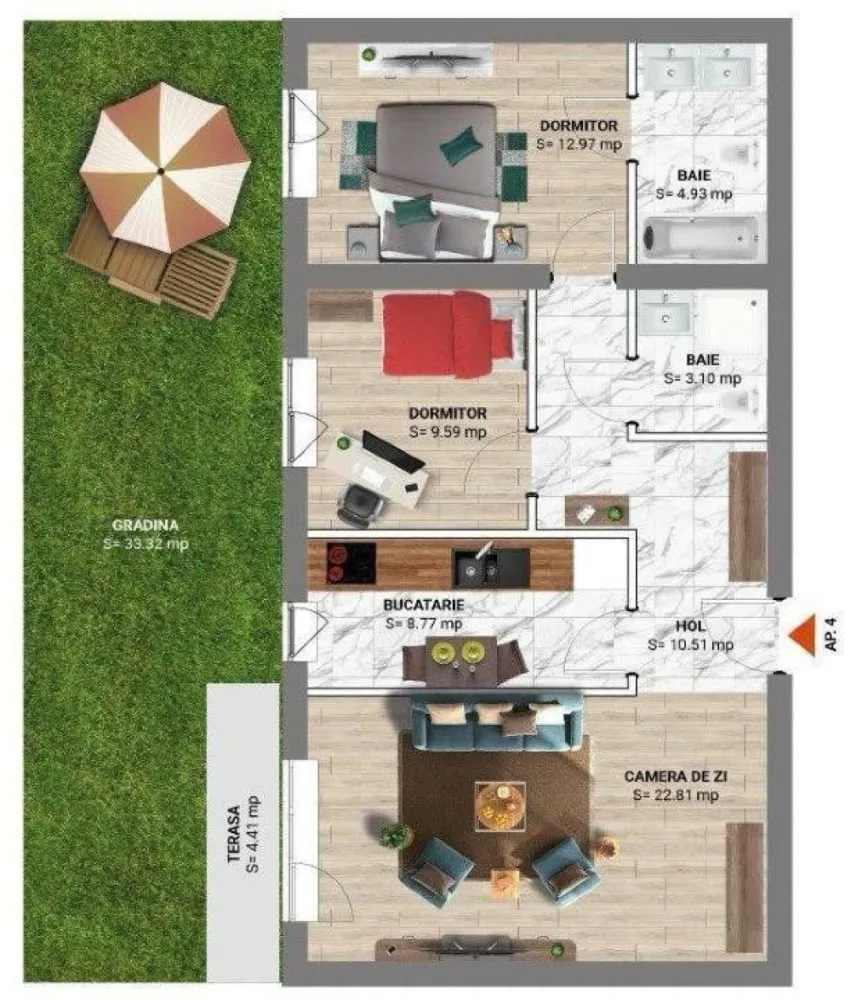 Apartament nou, 3 camere, complex rezidential Greenfield, sector 1 - Vand apartament 3 camere in complexul rezidential Greenfield. Este compus din living, 2 camere, 1 baie, 1 wc serviciu, 2 holuri. Apartamentul este situat la parter, dispune de gradina proprie. Loc de parcare suprateran inclus. Anul constructiei: 2024 Inaltimea interioara de 3.2m. Pozitionat la Est. Apartamentul este nou. La cerere, pot oferi si design-ul pentru apartament, fara taxa suplimentara. Cartierul dispune de spatii comerciale, restaurante, piscina olimpica de inot, sauna, spa, sala de fitness cat si locuri de joaca pentru copii. Apartamentul se vinde direct de la proprietar, 223000 Euro