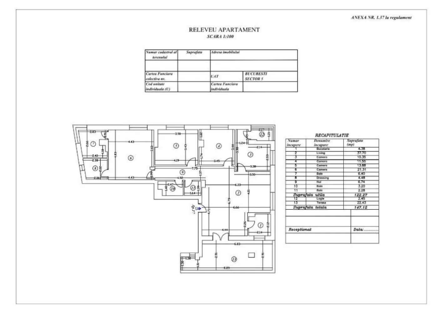 Apartament 5 camere 13 Septembrie - - bloc 2009 Str. Baltaretului nr.27 - living 37,7 mp, bucatarie, 4 dormitoare, 3 bai, dressing, logie si terasa - suprafata totala 147,15 mp - apartament 122,27 mp - terasa 22,45 mp - logie 2,45 mp - apartamentul are toate utilitati si se vinde nemobilat - va rugam sa cereti detalii doar prin telefon, nu raspundem la mesaje - exclus agentii, site-uri de promovare sau schimburi! - proprietar persoana fizica