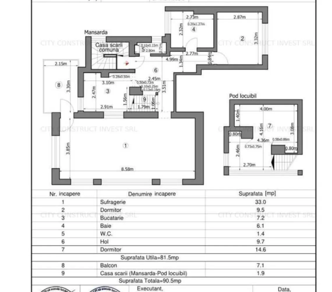 Duplex-apartament 3 camere 90,5mp utili, in vila P+1+M cu curte 639 mp