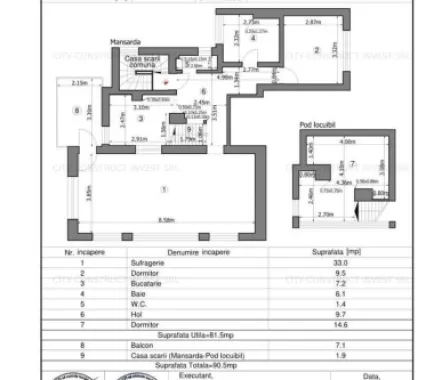 Duplex-apartament 3 camere 90,5mp utili, in vila P+1+M cu curte 639 mp