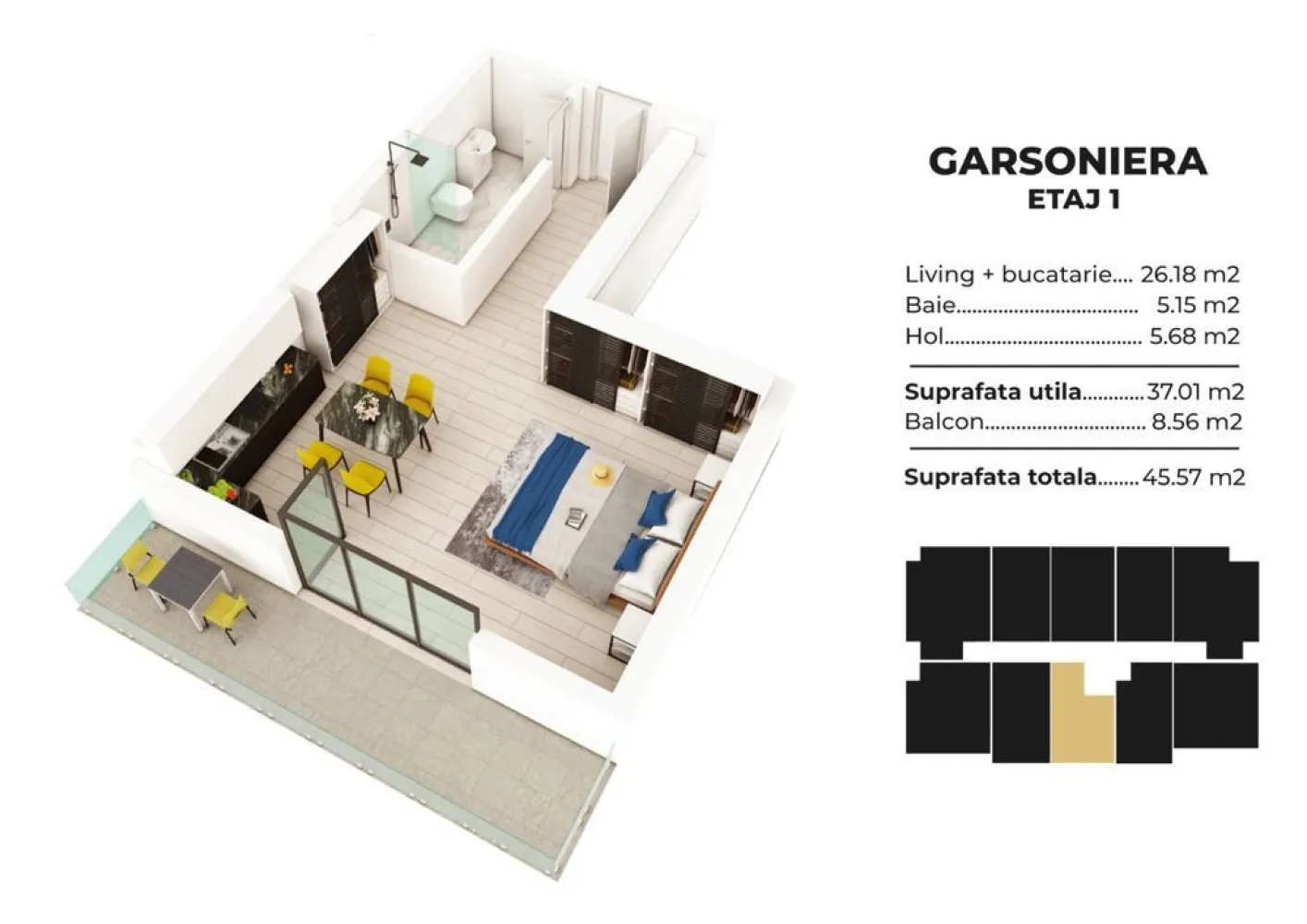 Studio spatios la cheie Sea Breeze Residence II Mamaia Nord - Cauţi o oază de linişte şi relaxare? Alege un apartament la Sea Breeze Residence II - Staţiunea Mamaia Nord (vis-a-vis de Alezzi Towers şi Lidl) şi vei putea admira apusul de soare de pe terasa locuinţei tale. Proiectul Sea Breeze Residence II este cel de-al doilea proiect realizat de noi după finalizarea şi vânzarea integrală a primului proiect Sea Breeze Residence I (Strada D8, nr. 5, Mamaia Nord) - 36 de apartamente finalizate în August 2020. Ansamblul este situat într-o zonă rezidenţială liniştită a staţiunii Mamaia Nord, preponderent cu case, străzi asfaltate, iluminat public, canalizare şi toate utilităţile. Sea Breeze Residence II oferă acces facil către cele mai importante zone de distracţie şi relaxare: restaurante: Nikos, Sali's, Portobella, Mackerel, Cherhanaua Năvodari, Hanul cu Peşte; beach baruri: Infinity Beach, Papaya beach, Lujo beach, Zanzibar, Oneiro; cluburi: Fratelli, Loft, Nuba, Breeze Proiectul este format din 2 blocuri de tip P+5, situate pe Strada T3, nr. 51 (asfaltată) şi va cuprinde 100 de garsoniere şi apartamente cu 2 camere, cu suprafeţe cuprinse între 41m? şi 72m?. Apartamentele din cadrul Sea Breeze Residence II se pretează persoanelor care doresc linişte şi confort într-o locuinţă de vacanţă. Apartamente disponibile în cadrul Sea Breeze Residence II Mamaia Nord: Corp C1 - finalizare decembrie 2023 Garsoniere în suprafaţă de 43mp construiţi (36mp utili) " 45.000EUR Studio în suprafaţă de 48mp construiţi (41mp utili total) " 49.500EUR Apartamente cu 2 camere, în suprafaţă de 58mp construiţi (48mp utili) " 59.500EUR Apartamente cu 2 camere, în suprafaţă de 67mp construiţi (56mp utili total) " 71.500EUR Corp C2 - Finalizare Iunie 2023 Studio in suprafata de 50 mp construiti ( 43mp utili total ) - 52.500EUR Studio in suprafata de 54 mp construiti ( 47 mp utili total ) - 56.000EUR *Preţ disponibil pentru un avans de minim 50%. Locuri de parcare exterioare - 7500EUR Pentru a confirma disponibilitatea apartamentului dorit ne puteţi contacta telefonic la 07******88. Apartamentele se vând la cheie şi beneficiază de umatoarele dotări şi finisaje: tâmplărie PVC Salamander, geam 4 seasons Low-E, culoare gri antracit uşă metalică antiefracţie MegaDoor centrală în condensare Ariston 24KW + calorifere din aluminiu Innovita aer condiţionat Ariston - 12.000BTU băi dotate cu obiecte sanitare Cersanit / Ferro pereţi finisaţi cu glet şi zugrăviţi cu vopsea lavabilă gresie, faianţă, parchet laminat instalaţie electrică completă - Vimar terase cu sticlă securizată, placate cu gresie de exterior + balustradă şi riflaje metalice lift modern, electric - Kleemann, 6 persoane interfon şi sistem de supraveghere video (exterior) termosistem Swisspor izolaţie 10cm + tencuială decorativă parcare privată cu acces barieră pentru locatari (60 locuri) *Toate informaţiile, schiţele şi pozele au exclusiv scop de prezentare! Suprafeţele apartamentelor pot suferi modificări +/- 5% după măsurătorile cadastrale.