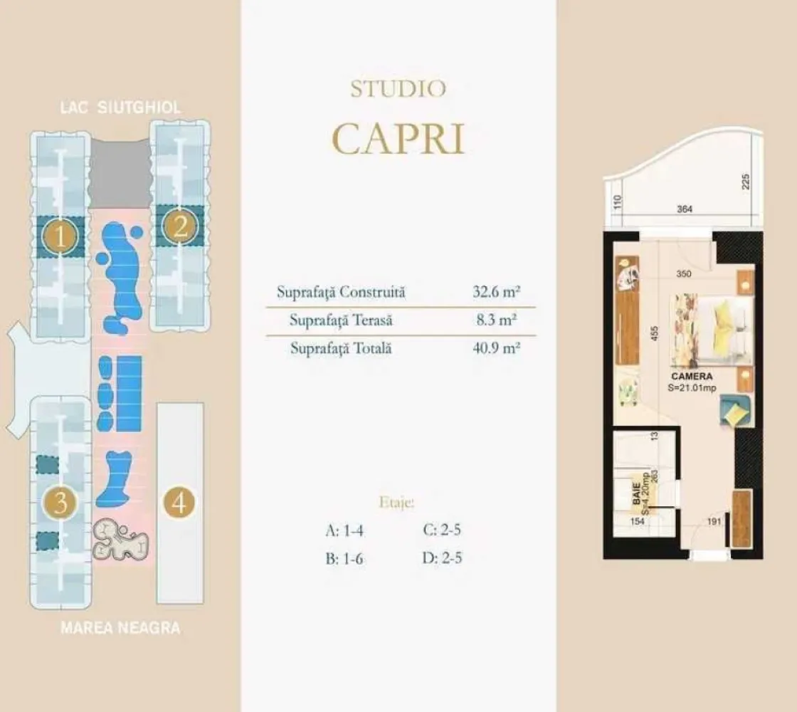 Studio tip Capri Nordis Mamaia - Vand studio Capri in complexul Nordis Mamaia, blocul 3 rezidential, etajul 2, cu vedere la zona de spa. Momentan cesionez promisiunea, dar se poate semna contractul de vanzare-cumparare cu dezvoltatorul. Termenul de finalizare al imobilului este septembrie 2023. Achitat aproape integral, mai sunt de platit aproximativ 3500 de euro la predare. Pretul studioului este considerabil mai mic decat daca ar fi achizitionat direct de la dezvoltator. Suprafata totala de 37 mp, din care 7.8 mp terasa. Nordis Mamaia este cel mai mare ansamblu hotelier și rezidențial de 5 stele din nordul stațiunii Mamaia aproape de zona de entertainment și cluburi. Complexul ofera un număr impresionant de facilități precum: - SPA de 3.200 mp; - Piscine interioare și exterioare; - 12 Restaurante și cafenele; - Plajă proprie; - Sala de fitness / Centru de recuperare medicală; - Loc de joacă pentru copii; - Parcare privată; - Cinema VIP; - Concierge; - Smart Home.
