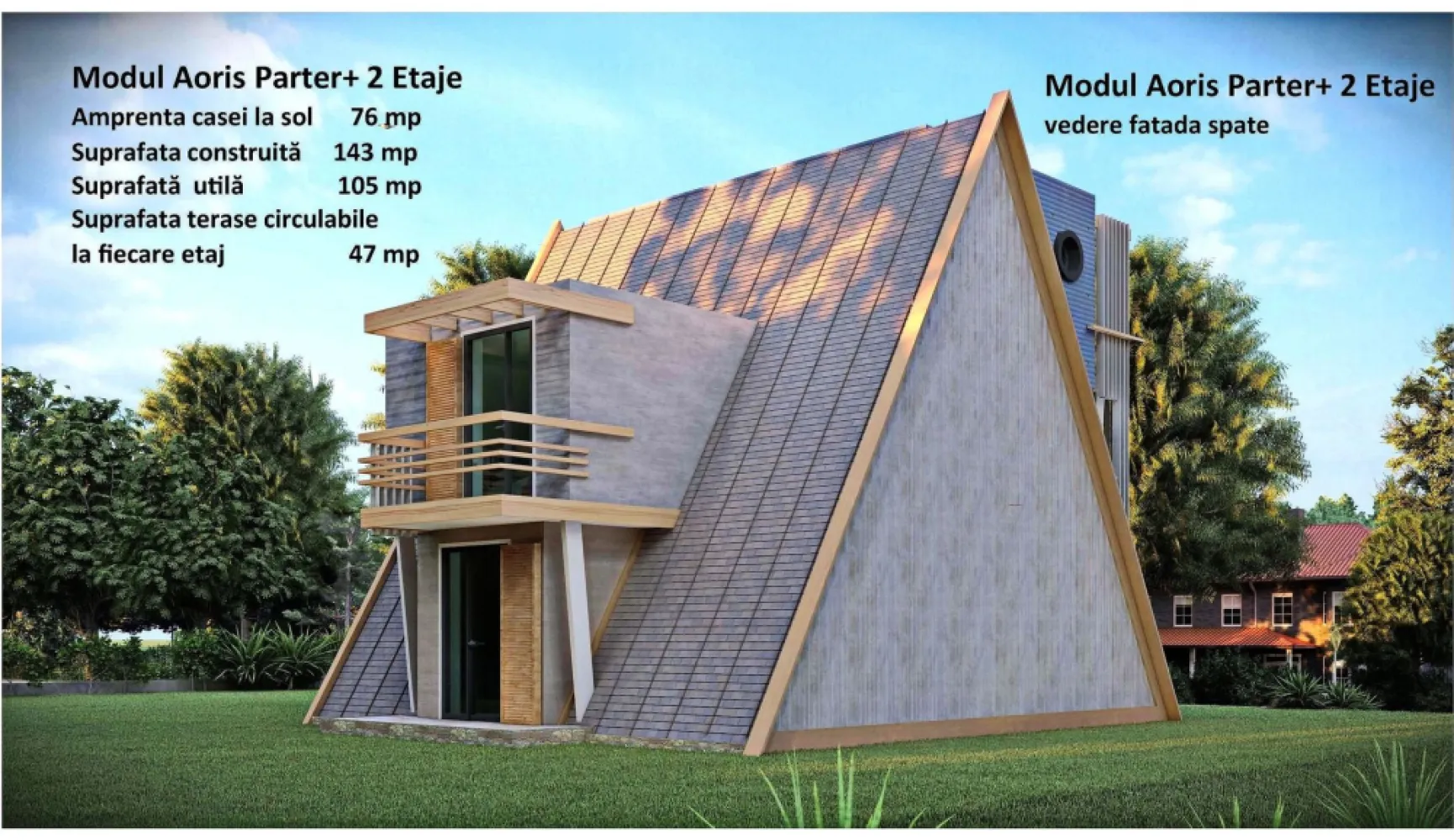 CASA MODULARA AORIS - Locuinte in sistem modular . Se monteaza la gata pe toate tipurile de teren. Module de tip PARTE, PARTER+1, ETAJ, PARTER+ 2 ETAJE, fiecare nivel beneficiaza de terasa.