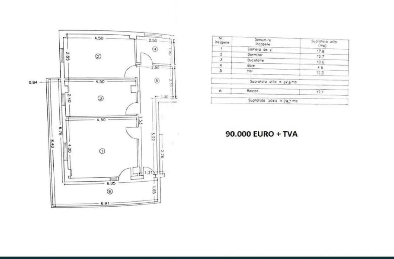 Apartament cu 2 camere, Cartierul Compozitorilor zona Lidl-Baba Novac - Apartament cu 2 camere, in Cartierul Compozitorilor la 1 minut de Lidl-Baba Novac Apartamentul cu suprafata utila totala de 75mp se afla la etajul 2 al unui Imobil P+4E cu doar 9 apartamente. Se vinde la alb cu toate utilitatile asigurate (energie electrica, gaze, apa si canalizare) si beneficiază de următoarele dotări: -zidaria exterioara si compartimentarea interioara din BCA -izolatie exterioara EPS80 si tencuiala decorativa -tamplarie PVC profil Gealan 7 camere, feronerie Maco -interfon -hidrofor si contorizare individuala pentru toate utilitatile -usi de intrare in apartamente antiefractie Maco -instalatii electrice si sanitare realizate -tencuieli si sape mecanizate -tavane izolate cu polistiren -interior la alb (pereti si tavane) -racordare la reteaua de gaz, calorifere si centrala Sunt disponibile locuri de parcare pentru fiecare apartament, contra cost. Imobilul se afla in curs de construire. Termen finalizare Iunie 2024. Pretul apartamentului este de 90.000 euro + TVA