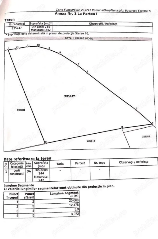 Vand Teren Propietar .Sector 5 Bucuresti - Direct proprietar vând teren în București zona Sălaj situat pe Strada Grapei nr. 46 , în suprafață de 242 mp cu deschidere la două străzi . Conform certificatului de Urbanism avem următorii coeficienți : POT = 45% CUT = 1.3 pentru P+2 CUT = 1.6 pentru P+2+M E3r Regim de înălțime D+P+2E+3Er Dosar Autorizatie Complect Terenul se află în imediata apropiere de stațiile RATB pentru liniile 139,220,117 cu acces rapid din Sos. Sălaj sau Str Cârlibaba , la doar 5 minute de minimarket precum LIDL , PROFI , la doar 2 minute mers pe jos de școală Generală nr. 148 G.Călinescu , grădiniță nr. 205 și multe alte facilități care asigură confort . Zona este liniștită , terenul este situat între case . Rog și ofer seriozitate , nu accept variante .