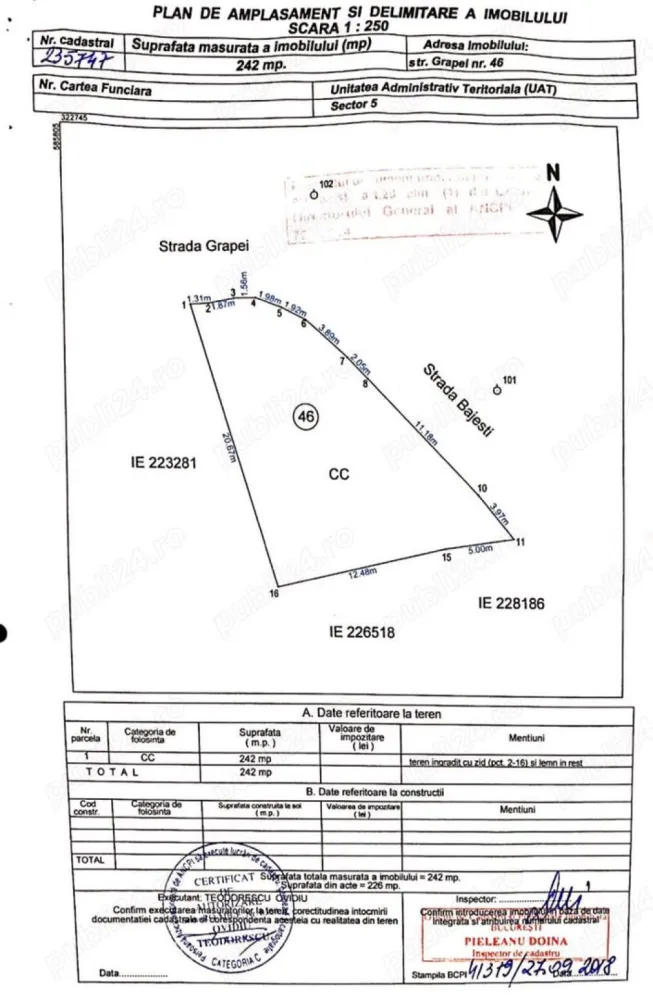 Vand Teren Propietar .Sector 5 Bucuresti - Direct proprietar vând teren în București zona Sălaj situat pe Strada Grapei nr. 46 , în suprafață de 242 mp cu deschidere la două străzi . Conform certificatului de Urbanism avem următorii coeficienți : POT = 45% CUT = 1.3 pentru P+2 CUT = 1.6 pentru P+2+M E3r Regim de înălțime D+P+2E+3Er Dosar Autorizatie Complect Terenul se află în imediata apropiere de stațiile RATB pentru liniile 139,220,117 cu acces rapid din Sos. Sălaj sau Str Cârlibaba , la doar 5 minute de minimarket precum LIDL , PROFI , la doar 2 minute mers pe jos de școală Generală nr. 148 G.Călinescu , grădiniță nr. 205 și multe alte facilități care asigură confort . Zona este liniștită , terenul este situat între case . Rog și ofer seriozitate , nu accept variante .