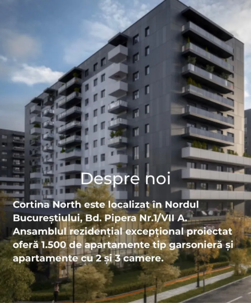 Apartament cu 3 camere in complexul rezidențial Cortina North - Apartament cu 3 camere în complexul rezidențial Cortina North, Faza 3, localizat în Nordul Bucureștiului, Bulevardul Pipera, nr. 1, decomandat, finalizare Decembrie 2024, finisaje premium, obiecte sanitare Daniel Rubinetterie, tâmplărie aluminiu cu geam trifan Schucco, băi complet utilate, parchet calitate superioară, lifturi de ultimă generație, parcări amenajate subterane și supraterane.
