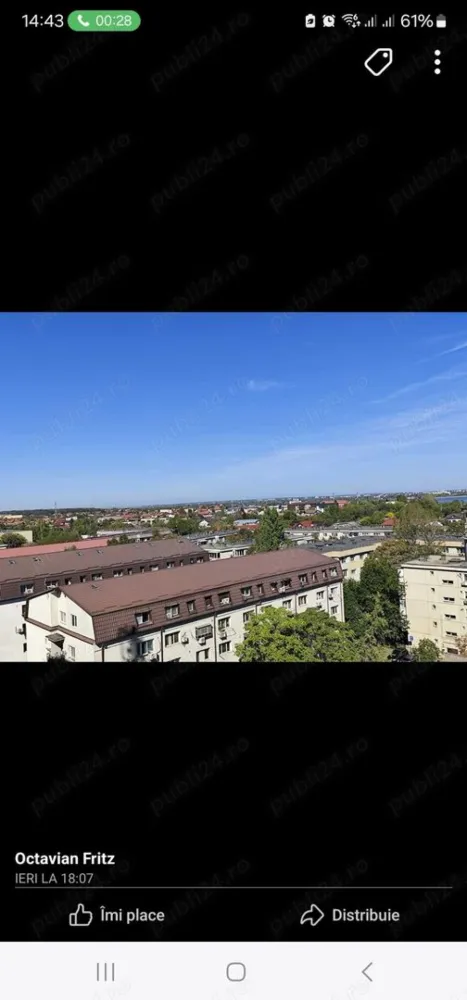 Vânzare apartament 4camere - Apartament 4 camere semidecomndate zona Apusului - Militari Vă propun un apartament cu 4 camere situat în zona Militari. Caracteristici principale: Suprafață utilă: 61 mp Etaj: 9 10 Compartimentare: living, 3 dormitoare, bucătărie separată, 2 băi și un balcon. Blocul, construit în 1973, nu prezintă risc seismic, a fost recent anvelopat și beneficiază de o casă a scării curată, cu lift funcțional. Zona oferă numeroase facilități: acces facil la Metrou Gorjului, stații de autobuz, școli, grădinițe, și diverse magazine. În plus, sunt disponibile locuri de parcare în apropierea imobilului. Apartamentul necesită îmbunătățiri, oferindu-vă oportunitatea de a-l personaliza după preferințe. Pret: 110.000 euro negociabil Pentru mai multe detalii sau pentru a programa o vizionare, vă invitit să ma contactați! Octavian Fritz Tel: