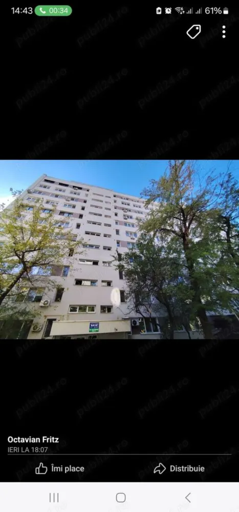 Vânzare apartament 4camere - Apartament 4 camere semidecomndate zona Apusului - Militari Vă propun un apartament cu 4 camere situat în zona Militari. Caracteristici principale: Suprafață utilă: 61 mp Etaj: 9 10 Compartimentare: living, 3 dormitoare, bucătărie separată, 2 băi și un balcon. Blocul, construit în 1973, nu prezintă risc seismic, a fost recent anvelopat și beneficiază de o casă a scării curată, cu lift funcțional. Zona oferă numeroase facilități: acces facil la Metrou Gorjului, stații de autobuz, școli, grădinițe, și diverse magazine. În plus, sunt disponibile locuri de parcare în apropierea imobilului. Apartamentul necesită îmbunătățiri, oferindu-vă oportunitatea de a-l personaliza după preferințe. Pret: 110.000 euro negociabil Pentru mai multe detalii sau pentru a programa o vizionare, vă invitit să ma contactați! Octavian Fritz Tel: