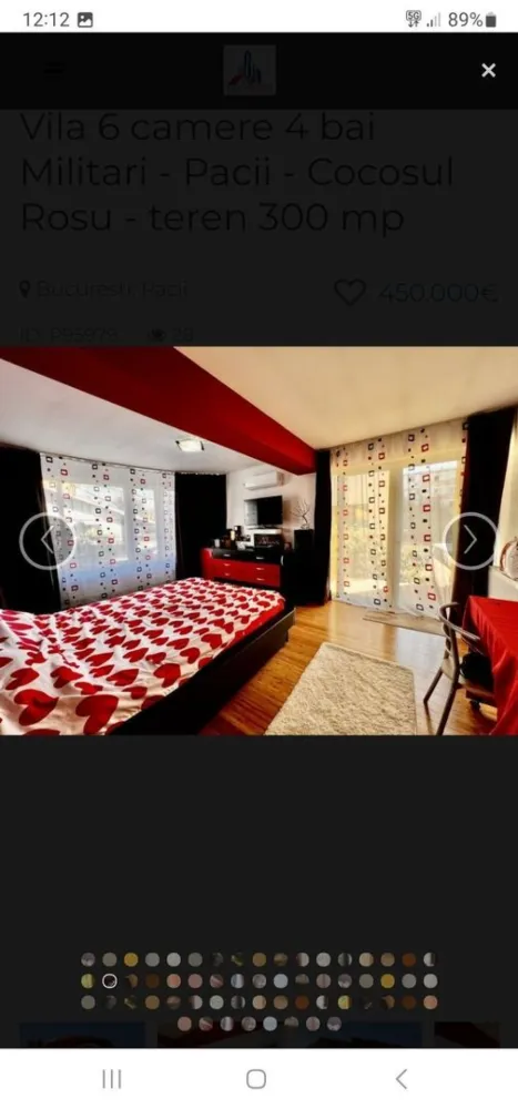 Vila 7 camere zona Militari Vânzare sau Inchiriere la 2300 de euro - Vila cu 7 camere spre Vanzare sau Inchirierea ei cu 2300 de euro, va astept cu mesaje.... Toate finisajele si dotarile din casa sunt de cea mai inalta calitate. Villa P+1 +M + Pivnita Suprafața totală construita: 330 mp Suprafata utila totala: 302 mp Suprafata utila la interior: 238 mp Suprafata utila terase: 53,50 mp Suprafata utila pivnita/camera tehnica: 10,20 mp Suprafata teren: 300 mp Curte libera: 200 mp Amprenta la sol: 105 mp *** Dotari vila: Centrală proprie pe gaz Gard metalic cu acces pentru masina in curte Suprafete vitrate enorme ( geamuri imense pentru lumina naturala ) Tamplarie PVC cu geam tripan de cea mai inalta calitate Finisaje si dotari in bai de calitate superioara Incalzire in Pardoseala + Calorifere Usi interioare de inalta calitate Pivnita / Camera tehnica *** Parter: Bucătărie imensa open space cu loc de luat masa 23 mpu Hol cu scara interioara din beton , nefinisata 18 mpu Spaţiu imens de living 28 mpu 1 Dormitor 14.5 mpu 1 Baie mare de 9 mpu cu aerisire naturala Spatiu depozitare sub scari Terasa de 24.5 mpu in proiect, in spatele casei, neterminata Suprafata utila Parter : 91,05 mp ***Etaj 1: Dormitor 1 cu dressing si terasa Dormitor 2 cu dressing Dormitor 3 cu dressing, terasa si baie proprie 1 Baie cu aerisire naturala Suprafata utila Etaj : 90,25 mp Suprafata terase: 25 mp Mansarda: 1 Camera imensa de 37 mpu 1 hol de acces 1 Baie cu aerisire naturala 1 Terasa imensa Suprafata utila mansarda: 56,60 mp Suprafata terase: 28,50 mp *Mansarda poate fi considerata o garsoniera de sine statatoare, avand amenajata inclusiv bucatarie. *** Curte: Curtea este frumos armonizata cu alei betonate, gazon natural si plante ornamentale + pomi fructiferi Rampa betonata pentru 1 masina in curte + locuri exterioare langa gard pentru vizitatori Acces in pivnita / camera tehnica 10 mpu Specificatii Utilitati Utilitati generale: Curent, Apa, Canalizare, Gaz, CATV Sistem incalzire: Centrala proprie, Centrala imobil, Incalzire pardoseala, Calorifere Climatizare: Aer conditionat Finisaje Izolatii: Exterior Pereti: Vopsea lavabila, Faianta Podele: Parchet, Gresie Ferestre: PVC, Termopan Usa intrare: Metal Usa interior: Lemn Dotari Spatii utile: Pivnita Contorizare: Apometre, Contor caldura, Contor gaz Mobilat: Nemobilat Imobil: Curte, Gradina Localizare Militari str. Televiziunii