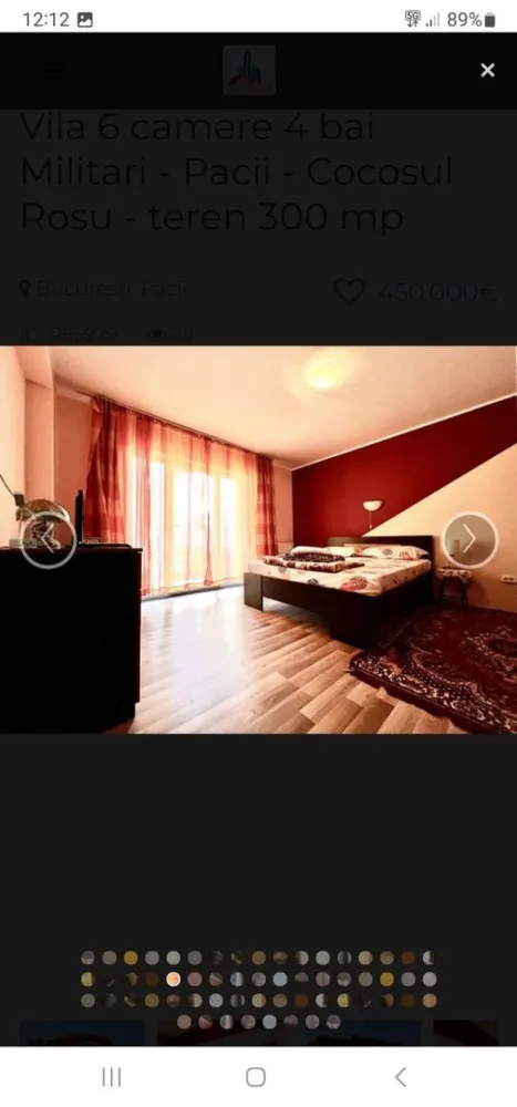 Vila 7 camere zona Militari Vânzare sau Inchiriere la 2300 de euro - Vila cu 7 camere spre Vanzare sau Inchirierea ei cu 2300 de euro, va astept cu mesaje.... Toate finisajele si dotarile din casa sunt de cea mai inalta calitate. Villa P+1 +M + Pivnita Suprafața totală construita: 330 mp Suprafata utila totala: 302 mp Suprafata utila la interior: 238 mp Suprafata utila terase: 53,50 mp Suprafata utila pivnita/camera tehnica: 10,20 mp Suprafata teren: 300 mp Curte libera: 200 mp Amprenta la sol: 105 mp *** Dotari vila: Centrală proprie pe gaz Gard metalic cu acces pentru masina in curte Suprafete vitrate enorme ( geamuri imense pentru lumina naturala ) Tamplarie PVC cu geam tripan de cea mai inalta calitate Finisaje si dotari in bai de calitate superioara Incalzire in Pardoseala + Calorifere Usi interioare de inalta calitate Pivnita / Camera tehnica *** Parter: Bucătărie imensa open space cu loc de luat masa 23 mpu Hol cu scara interioara din beton , nefinisata 18 mpu Spaţiu imens de living 28 mpu 1 Dormitor 14.5 mpu 1 Baie mare de 9 mpu cu aerisire naturala Spatiu depozitare sub scari Terasa de 24.5 mpu in proiect, in spatele casei, neterminata Suprafata utila Parter : 91,05 mp ***Etaj 1: Dormitor 1 cu dressing si terasa Dormitor 2 cu dressing Dormitor 3 cu dressing, terasa si baie proprie 1 Baie cu aerisire naturala Suprafata utila Etaj : 90,25 mp Suprafata terase: 25 mp Mansarda: 1 Camera imensa de 37 mpu 1 hol de acces 1 Baie cu aerisire naturala 1 Terasa imensa Suprafata utila mansarda: 56,60 mp Suprafata terase: 28,50 mp *Mansarda poate fi considerata o garsoniera de sine statatoare, avand amenajata inclusiv bucatarie. *** Curte: Curtea este frumos armonizata cu alei betonate, gazon natural si plante ornamentale + pomi fructiferi Rampa betonata pentru 1 masina in curte + locuri exterioare langa gard pentru vizitatori Acces in pivnita / camera tehnica 10 mpu Specificatii Utilitati Utilitati generale: Curent, Apa, Canalizare, Gaz, CATV Sistem incalzire: Centrala proprie, Centrala imobil, Incalzire pardoseala, Calorifere Climatizare: Aer conditionat Finisaje Izolatii: Exterior Pereti: Vopsea lavabila, Faianta Podele: Parchet, Gresie Ferestre: PVC, Termopan Usa intrare: Metal Usa interior: Lemn Dotari Spatii utile: Pivnita Contorizare: Apometre, Contor caldura, Contor gaz Mobilat: Nemobilat Imobil: Curte, Gradina Localizare Militari str. Televiziunii
