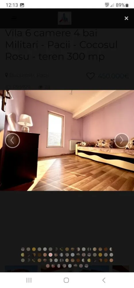 Vila 7 camere zona Militari Vânzare sau Inchiriere la 2300 de euro - Vila cu 7 camere spre Vanzare sau Inchirierea ei cu 2300 de euro, va astept cu mesaje.... Toate finisajele si dotarile din casa sunt de cea mai inalta calitate. Villa P+1 +M + Pivnita Suprafața totală construita: 330 mp Suprafata utila totala: 302 mp Suprafata utila la interior: 238 mp Suprafata utila terase: 53,50 mp Suprafata utila pivnita/camera tehnica: 10,20 mp Suprafata teren: 300 mp Curte libera: 200 mp Amprenta la sol: 105 mp *** Dotari vila: Centrală proprie pe gaz Gard metalic cu acces pentru masina in curte Suprafete vitrate enorme ( geamuri imense pentru lumina naturala ) Tamplarie PVC cu geam tripan de cea mai inalta calitate Finisaje si dotari in bai de calitate superioara Incalzire in Pardoseala + Calorifere Usi interioare de inalta calitate Pivnita / Camera tehnica *** Parter: Bucătărie imensa open space cu loc de luat masa 23 mpu Hol cu scara interioara din beton , nefinisata 18 mpu Spaţiu imens de living 28 mpu 1 Dormitor 14.5 mpu 1 Baie mare de 9 mpu cu aerisire naturala Spatiu depozitare sub scari Terasa de 24.5 mpu in proiect, in spatele casei, neterminata Suprafata utila Parter : 91,05 mp ***Etaj 1: Dormitor 1 cu dressing si terasa Dormitor 2 cu dressing Dormitor 3 cu dressing, terasa si baie proprie 1 Baie cu aerisire naturala Suprafata utila Etaj : 90,25 mp Suprafata terase: 25 mp Mansarda: 1 Camera imensa de 37 mpu 1 hol de acces 1 Baie cu aerisire naturala 1 Terasa imensa Suprafata utila mansarda: 56,60 mp Suprafata terase: 28,50 mp *Mansarda poate fi considerata o garsoniera de sine statatoare, avand amenajata inclusiv bucatarie. *** Curte: Curtea este frumos armonizata cu alei betonate, gazon natural si plante ornamentale + pomi fructiferi Rampa betonata pentru 1 masina in curte + locuri exterioare langa gard pentru vizitatori Acces in pivnita / camera tehnica 10 mpu Specificatii Utilitati Utilitati generale: Curent, Apa, Canalizare, Gaz, CATV Sistem incalzire: Centrala proprie, Centrala imobil, Incalzire pardoseala, Calorifere Climatizare: Aer conditionat Finisaje Izolatii: Exterior Pereti: Vopsea lavabila, Faianta Podele: Parchet, Gresie Ferestre: PVC, Termopan Usa intrare: Metal Usa interior: Lemn Dotari Spatii utile: Pivnita Contorizare: Apometre, Contor caldura, Contor gaz Mobilat: Nemobilat Imobil: Curte, Gradina Localizare Militari str. Televiziunii
