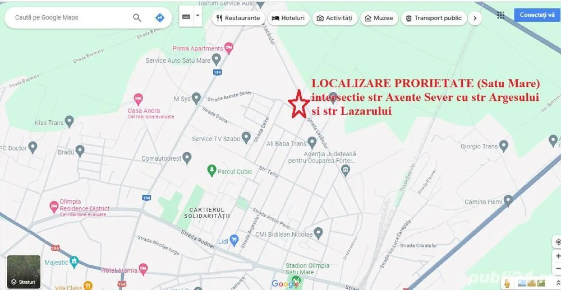 ageuropa.ro vinde apt. 3 cam la casa in zona 14 Mai. - Agenția EUROPA vinde apartament la casa P+1 Etaj si teren (singur in curte) in zona 14 Mai . Se accepta si in schimb cu un apartament la bloc. Direct de la proprietar la un pret de 700 euro mp, fara comisioane. Sufrageria de la parter are suprafata de 24 mp si se poate reconfigura modern in living + bucatarie. Casa pretabila ca si locuinta, cabinet medical, cabinet stomatologic, sediu de firma. Casa P+1 Etaj, singur in curte, construita in 1979 in Satu Mare, str Axente Sever colt cu str Argesului (900 m de la casa pe str Argesului pana la magazin LIDL din str Rodnei): Suprafata totala de casa 112 mp este dispusa pe 2 nivele P+1 Etaj respectiv: - parter 56 mp compus din 1 camera de 24 mp, 1 bucatarie, 1 baie, hol (beci cu intrare din hol parter) - etaj 56 mp compus din 2 camere, 1 baie, hol si 1 balcon Suprafata totala de teren 100 mp (singur in curte) din care ocupata la sol de casa 56 mp Fundatie solida si inalta (are si beci cu coborare din holul de la parter), constructie realizata in anul 1979, peretii interiori exteriori sunt din caramida, se poate mansarda ca si la casa vecina. Casa are parchet de lemn in camere, usi geamuri de lemn, incalzire centrala termica autorizata cu radiatoare de otel si intalatie termica in cupru, gresie faianta in bai. Casa este locuibila la nivel de an 2004 cand a fost renovata si este racordata la reteaua publica de apa canal, gaz, curent. Pret 79.000 euro, negociabil, pentru aceasta casa P+1E in suprafata totala constructie 112 mp (fundatie de beton si pereti de caramida) rezulta un pret de 700 euro pe metru patrat (sub pret mp de apartament in bloc), inclus terenul de 100 mp. In apropiere casei: Agenția Județeană pentru Ocuparea Forței de Muncă Satu-Mare, Liceul Teologic Ortodox Român Nicolae Steinhardt, Grădinița cu Program Prelungit 14 Mai, Lidl str Rodnei, Aquastar. Din perspectiva suprafetei de 100 mp de teren aceasta casa P+1E poate sa fie o alternativa foarte buna la apartamentul cu 3, 4 camere din bloc in zona linistita de case si in apropiere de scoli, gradinite. Nu doresc schimb in Satu Mare, posibil schimb cu proprietate in Baia Mare sau Cluj Floresti