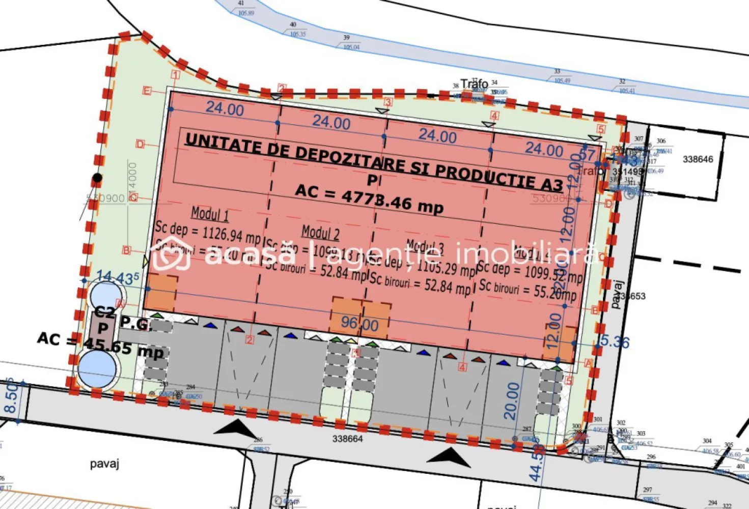 4646 mp - Hala industriala de inchiriat in Parc Industrial Arad - Hala industriala de închiriat in Parc Industrial Arad Suprafață totală: 4646 m² Depozit: 4436 m² Birouri: 210 m² Înălțime liberă: 6 m Termen de predare: Septembrie 2025 (flexibil) Locuri de parcare: 1 loc gratuit / 500 m² închiriați Structură și Finisaje Structură: Beton & metal Pereți exteriori: Panouri sandwich de 100 mm; panouri prefabricate din beton (zona andocare) Acoperiș: Oțel cu vată bazaltică, garanție 15 ani, trape de desfumare conform normelor Pardoseală depozit: Beton armat lustruit, încărcare utilă 4 t/m², toleranță 3 mm/2 m Acces și Facilități Rampe & Acces: 4 rampe drive-in + 4 rampe de andocare TIR Sistem de stingere a incendiilor: Hidranți exteriori, sprinklere la cerere, alarmă incendiu cu centrală de control Instalații electrice: ~60 kW/modul (total 240 kW), iluminat LED 200 Lux la 1 m Încălzire hală: Aeroterme pe gaz, min. 5 °C la -20 °C exterior Spații Birouri (210 m²) Compartimentare: Gips-carton, uși MDF Tavan: 2,7 m înălțime, plafon acustic Pardoseală: Șapă beton + PVC/parchet/ceramică Iluminat: LED 500 Lux în zona de lucru Încălzire/Răcire: Sistem multi-split, radiatoare electrice, min. 20 °C la -20 °C exterior Costuri și Condiții Termen de finalizare constructie: septembrie 2025 Chirie: 4,5 EUR/mp/lună (depozit) 9 EUR/mp/lună (birouri) Service Charge: 0,80 EUR/mp/lună Include securitate 24/7, mentenanță, deszăpezire, iluminat exterior, taxă de proprietate Indexare: Anual, conform HICP Prețurile nu includ TVA Avantaje Localizare excelentă în Parcul Industrial Arad Module flexibile (~1000 m²) sau suprafață totală (4646 m²) Facilități premium (drive-in, rampe TIR, sprinklere opțional) Confort & eficiență (birouri moderne, încălzire și răcire optimă) Date contact: 0721356746 Florin Moș