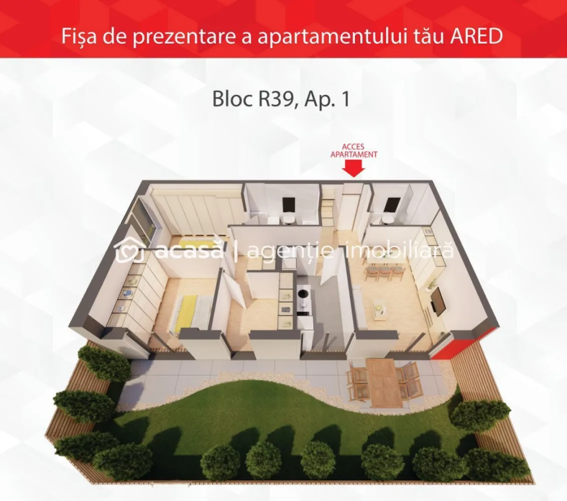 The Private Garden Residence: Unicitate și Distincție în ARED City - În peisajul imobiliar contemporan, luxul este definit de spațiu, intimitate și conexiunea cu natura. Vă prezentăm singura unitate de la parter cu grădină și terasă proprie din cadrul complexului ARED City, zona IMAR — o proprietate de o raritate absolută, concepută pentru cei care caută un refugiu privat în inima orașului.

Cu o suprafață utilă de 87 m² și o grădină privată de 55 m², această rezidență transcende conceptul clasic de apartament, oferind libertatea unei curți proprii într-un ecosistem securizat și tehnologizat.

Exclusivitatea Spațiului Verde: Grădina proprie de 55 m² reprezintă un activ unic în complex, oferind un spațiu versatil pentru relaxare, socializare sau un birou exterior, într-o orientare Nord-Est care asigură un climat de lumină echilibrat.

Arhitectură de Anvergură Europeană: Dezvoltat sub standarde riguroase de eficiență energetică (termoizolație de 20 cm), imobilul integrează cele mai noi tehnologii de construcție, garantând durabilitatea și costuri operaționale minime.

Conectivitate și Facilități: Situată la distanță de mers pe jos de zonele de business, retail (AFI Mall) și wellness, proprietatea beneficiază de un complex cu acces controlat, supraveghere video permanentă și patru căi de acces.

Personalizare Absolută: Livrată în variantă nefinisată, locuința permite o adaptare completă a designului interior. La cerere, dezvoltatorul oferă opțiuni pentru finisare premium sau mobilare completă, asigurând o soluție personalizată nevoilor dumneavoastră.

Configurație: 3 camere, 2 băi, grădină privată 55 m².

Logistică: Loc de parcare inclus în prețul de achiziție.

Termen de predare: 30 noiembrie 2026.

Tranzacție: Achiziție directă de la dezvoltator, comision 0%.

Preț varianta NEFINISAT: 242.921 € (+TVA)

ATENȚIE! Poze cu titlu ilustrativ.

Pentru detalii:
Jasmina Uglesits - 0740814770 Consultant imobiliar - Agenția ACASĂ Arad

Nu dispui de toată suma? Te ajutăm noi gratuit! Îți obținem oferte de la 16 bănci.

Ai o proprietate de vânzare în Arad și vrei să știi cât valorează cu adevărat?
Sună-mă pentru o evaluare gratuită, fără obligații.

Birou: ACASĂ | Agenție imobiliară Arad
Bulevardul Decebal 2, Arad 310133