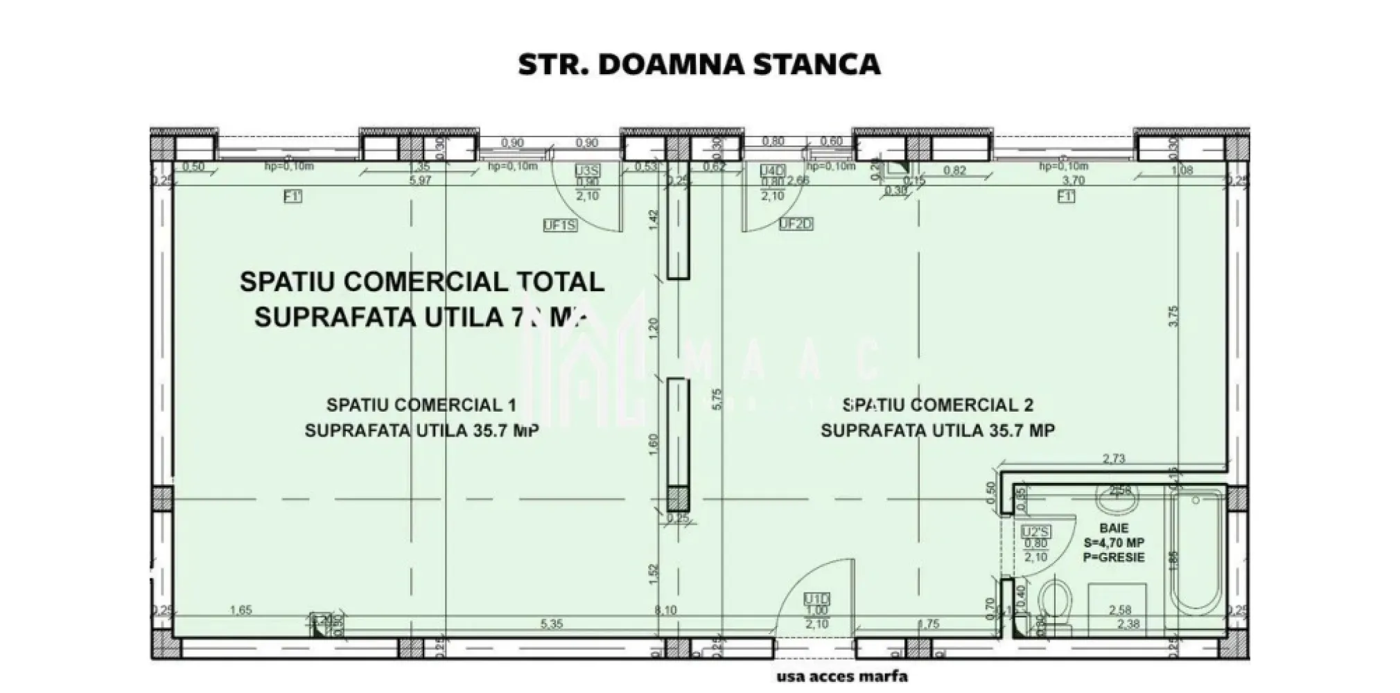 Spatiu Comercial I Parcare I 4 Vitrine I Doamna Stanca - MAAC Imobiliare va prezinta un spatiu comercial de inchiriat, disponibil imediat, situat la parterul unui bloc P+3E, zona Doamna Stanca. Facilitati: 4 vitrine mari la strada Expunere de 12 ml la str. Doamna Stanca 2 locuri de parcare private Acces aprovizionare marfa Cladire NOUA ( 2024 ) Se poate imparti in 2 incaperi sau poate ramane Open Space Sistem automat pentru irigatii peisagistice exterioare Se preda la alb, pregatit pentru personalizare dupa preferinte si specificul activitatii desfasurate Dotari: Centrala termica in condensatie marca BOSCH Incalzire in pardoseala din teava multistrat Tamplaria cu un profil PVC de 82 Salamander Geamuri termopan cu 7 camere si 3 foi de sticla Spatiu sanitar Usi exterioare cu amortizoare cu brat blocabil Usa metalica de acces prin spate, placata cu panou MDF Instalatii electrice cu tablou general individual si sigurante pentru consumatorii de putere, doze, dulii, prize si intrerupatoare montate marca Schneider Eficienta energetica clasa A+++ Pozitionat strategic, aproape de Shopping City Sibiu, Dedeman, Mega Image, Lidl, Kaufland si alte centre comerciale, spatiul ofera o vizibilitate excelenta si acces facil la un trafic intens. Pentru mai multe detalii sau vizionari mentionati ID: CP2645203 }}