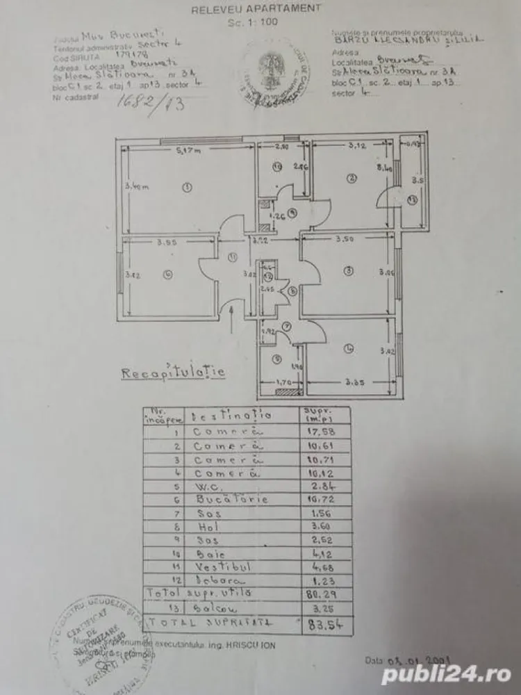 Apartament 4 camere, 2 bai, etaj 1,Berceni - Apartamentul este situat in bloc cu regim de inaltime de 4 etaje in zona linistita aproape de scoala si gradinite. In zona se afla cel putin 5 parculete de copii modern amenajate pe o raza de 500 metri, multiple magazine gen PROFI, MEGA IMAGE, magazine de cartier, 2 piețe agroalimentare, banci, farmacii, saloane frizerie coafor, exchange, etc.
Numeroase mijloace de transport RATB.
Apatamentul este situat la etajul 1 al unui bloc de 4 etaje, detine 2 locuri de parcare si boxa dubla la subsol ( suprafata echivalenta cu apartament 2 camere).
Blocul are gradina proprie si cate 2 apartamente pe etaj. Nu exista restantieri, vecini pensionari militari)
Suprafata apartamentului este de 83.54 mp, are 3 dormitoare ( unul are si balcon), sufragerie, bucatarie si 2 grupuri sanitare.
Apartamentul este modernizat recent si detine centrala termica și aer condiționat.
5 televizoare LCD, 3 SMART, INTERNET WI-FI, MASINA DE SPALAT NOUA, ETC
Se vinde mobilat sau nemobilat.
EXCLUS AGENTIE IMOBILIARA