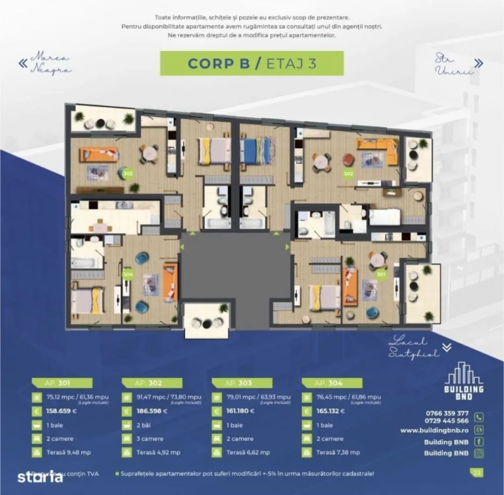 Finalizat-Ap 2 camere Bd Mamaia - Un nou proiect marca Building BNB (asocierea BND), situat la intrarea în Stațiunea Mamaia (B-dul Mamaia 294 colț cu Strada Unirii, vis-a-vis de Lake View), 3 minute de mers pe jos pana la plaja Malibu. Proiect ambițios care pune accent pe experiențele pozitive ale viitorilor locatari, compus din 2 imobile cu un regim de înălțime S+P+5, respectiv S+P+6 și un total de 77 locuri de parcare (subsol + parter). Apartamente de lux cu 2, 3 și 4 camere, ce beneficiază de vedere superbă către Mare, Stațiunea Mamaia, Lacul Tăbăcăriei si oras. Construite la standarde înalte de calitate, apartamentele din ansamblul rezidențial Building BNB (asocierea BND) Mamaia pot reprezenta o opțiune ideală pentru cei care își doresc să se bucure de confort la câțiva pași de plajă! Apartamente disponibile în cadrul proiectului avans minim 35%, loc de parcare inclus în preț: Apartamente cu 2 camere, suprafețe de la 71.5m + terasă 3.6m prețuri începând de la 128.862 euro. Apartamente cu 3 camere și 2 băi, suprafețe de la 93.5m + terasă 4.9m prețuri începând de la 168.138 euro. Apartamente cu 4 camere și 2 băi, suprafețe de la 153m + terasă 12m prețuri începând de la 330.372 euro. *Prețurile afișate nu includ TVA. Apartamentele din cadrul Building BNB beneficiază de următoarele dotări și finisaje: -tâmplărie din aluminiu (Wicona), culoare gri antracit; -ușă metalică antiefracție imbracata in lemn, interior+exterior; -centrală proprie în condensație Ariston + încălzire în pardoseală Hertz; -pereți BCA tencuiti (baza ciment), finisați cu glet și zugrăviți cu vopsea lavabilă alba; -instalația de gaz realizată (la gata); -instalația electrică cu aparataj modular Gewiss; -casa scării echipată complet: marmură, tavane lamelare, sistem de iluminat pe senzori, muzică ambientală; -2 lifturi de mare viteză Schindler; -videointerfon 3.5/7 Electra; -sistem fațadă ventilată format din vată bazaltică 15 cm și panouri de fațadă din placi HPL-8 mm; -loc de joacă pentru copii; -stație de încărcare pentru mașinile electrice. *Toate informațiile, schițele și pozele au exclusiv scop de prezentare! Suprafețele apartamentelor pot suferi modificări +/- 5% după măsurătorile cadastrale.