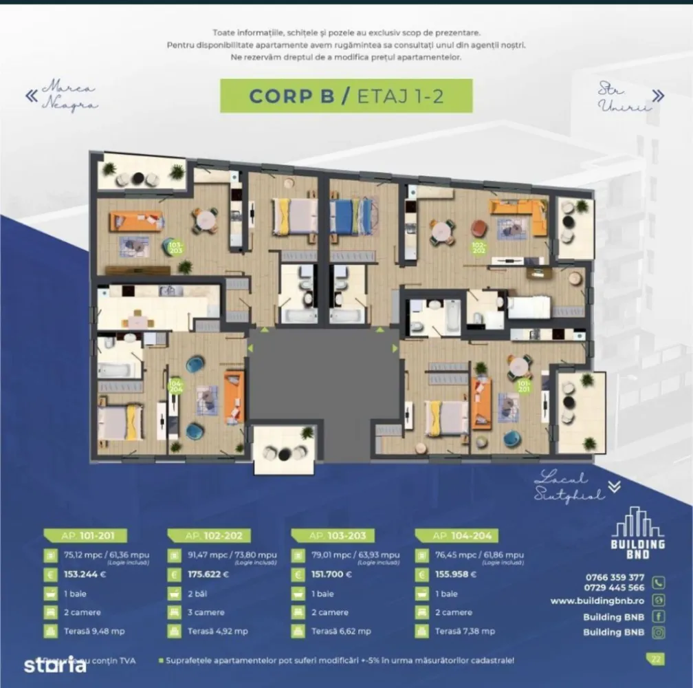 Finalizat-Ap 2 camere Bd Mamaia - Un nou proiect marca Building BNB (asocierea BND), situat la intrarea în Stațiunea Mamaia (B-dul Mamaia 294 colț cu Strada Unirii, vis-a-vis de Lake View), 3 minute de mers pe jos pana la plaja Malibu. Proiect ambițios care pune accent pe experiențele pozitive ale viitorilor locatari, compus din 2 imobile cu un regim de înălțime S+P+5, respectiv S+P+6 și un total de 77 locuri de parcare (subsol + parter). Apartamente de lux cu 2, 3 și 4 camere, ce beneficiază de vedere superbă către Mare, Stațiunea Mamaia, Lacul Tăbăcăriei si oras. Construite la standarde înalte de calitate, apartamentele din ansamblul rezidențial Building BNB (asocierea BND) Mamaia pot reprezenta o opțiune ideală pentru cei care își doresc să se bucure de confort la câțiva pași de plajă! Apartamente disponibile în cadrul proiectului avans minim 35%, loc de parcare inclus în preț: Apartamente cu 2 camere, suprafețe de la 71.5m + terasă 3.6m prețuri începând de la 128.862 euro. Apartamente cu 3 camere și 2 băi, suprafețe de la 93.5m + terasă 4.9m prețuri începând de la 168.138 euro. Apartamente cu 4 camere și 2 băi, suprafețe de la 153m + terasă 12m prețuri începând de la 330.372 euro. *Prețurile afișate nu includ TVA. Apartamentele din cadrul Building BNB beneficiază de următoarele dotări și finisaje: -tâmplărie din aluminiu (Wicona), culoare gri antracit; -ușă metalică antiefracție imbracata in lemn, interior+exterior; -centrală proprie în condensație Ariston + încălzire în pardoseală Hertz; -pereți BCA tencuiti (baza ciment), finisați cu glet și zugrăviți cu vopsea lavabilă alba; -instalația de gaz realizată (la gata); -instalația electrică cu aparataj modular Gewiss; -casa scării echipată complet: marmură, tavane lamelare, sistem de iluminat pe senzori, muzică ambientală; -2 lifturi de mare viteză Schindler; -videointerfon 3.5/7 Electra; -sistem fațadă ventilată format din vată bazaltică 15 cm și panouri de fațadă din placi HPL-8 mm; -loc de joacă pentru copii; -stație de încărcare pentru mașinile electrice. *Toate informațiile, schițele și pozele au exclusiv scop de prezentare! Suprafețele apartamentelor pot suferi modificări +/- 5% după măsurătorile cadastrale.