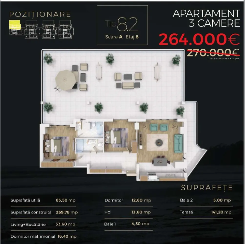 Direct Dezvoltator Comision 0% 3 Cam . 86 mp + Terasa 141 mp Mamaia La Butoaie - Ansamblu amplasat pe malul lacului Siutghiol, in zona Butoaie, la mica distanta de cluburile in voga din Mamaia, terase si la 2 pasi de plaja
Apartament 3 camere cu o suprafata construita de 260 de unde rezulta apartamentul cu suprafata utila de de 86 mp si o terasa spatioasa de 141 mp , disponibil la etajul 8 .

Complex – situat in Mamaia ,este un ansamblu de locuinte de vacanta cu regim de inaltime S+P+-8E ce cuprinde 237 de suite impartite in 4 scari in care veti gasi la vanzare:
- studiouri cu suprafete cuprinse intre 46.25 mp si 59.73 mp construiti,
- suite cu 2 camere cu suprafete cuprinse intre 65.40 mp si 77.50 mp si
- suite cu 3 camere cu o suprafata construita de 102.05 mp.

Aceste locuinte se predau complet finisate si dotate cu:
- usi,
- centrala proprie pe gaze si calorifere,
- aer conditionat
- gresie/parchet, faianta,
- tamplarie pvc cu geam termopan,
- obiecte sanitare,
- instalatii electrice, termice, sanitare, de gaz (la momentul predarii locuintelor, toate utilitatile sunt functionale) si
- 2 lifturi ultra-moderne in fiecare scara

In vecinatate gasiti:
- mijloace de transport in comun, cu statie chiar la iesire din complex
- Marketuri deschise tot anul
- restaurantul Dorna, Estival s.a.
- complexul comercial Butoaie
- plaja H2O, Vega, Crazy s.a.
- cluburile Fratelli, EGO, Breeze, Bamboo s.a.
- terenuri de tenis s.a.

Complexul rezidential va ofera numeroase facilitati:
- Acces restrictionat cu bariera automatizata si gard
- Parcare subterana si supraterana (optional contra cost)
- Spatii verzi si
- Paza si Monitorizare video 24 din 24.

Cientii nostril beneficiaza de solutii avantajoase de finantare:
- Plata integrală
- Plata prin credit bancar

PROIECT FINALIZAT !

Pretul nu include TVA si este valabil pentru plata integrala.
