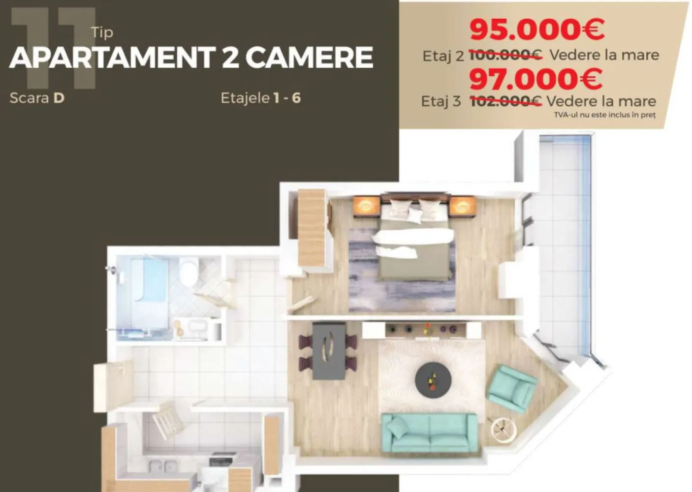 Promo la avans 50% Direct Dezvoltator 2 Cam. 56 mp Mamaia La Butoaie - Ansamblu amplasat pe malul lacului Siutghiol, in zona Butoaie, la mica distanta de cluburile in voga din Mamaia, terase si la 2 pasi de plaja
Apartament 2 camere cu o suprafata utila totala de 56 mp de unde rezulta o terasa de 6 mp , disponibil la etajul 3. 
Complex– situat in Mamaia ,este un ansamblu de locuinte de vacanta cu regim de inaltime S+P+-8E ce cuprinde 237 de suite impartite in 4 scari in care veti gasi la vanzare:
- studiouri cu suprafete cuprinse intre 46.25 mp si 59.73 mp construiti,
- suite cu 2 camere cu suprafete cuprinse intre 65.40 mp si 77.50 mp si
- suite cu 3 camere cu o suprafata construita de 102.05 mp.

Aceste locuinte se predau complet finisate si dotate cu:
- usi,
- centrala proprie pe gaze si calorifere,
- aer conditionat
- gresie/parchet, faianta,
- tamplarie pvc cu geam termopan,
- obiecte sanitare,
- instalatii electrice, termice, sanitare, de gaz (la momentul predarii locuintelor, toate utilitatile sunt functionale) si
- 2 lifturi ultra-moderne in fiecare scara

In vecinatate gasiti:
- mijloace de transport in comun, cu statie chiar la iesire din complex
- Marketuri deschise tot anul
- restaurantul Dorna, Estival s.a.
- complexul comercial Butoaie
- plaja H2O, Vega, Crazy s.a.
- cluburile Fratelli, EGO, Breeze, Bamboo s.a.
- terenuri de tenis s.a.

Complexul rezidential va ofera numeroase facilitati:
- Acces restrictionat cu bariera automatizata si gard
- Parcare subterana si supraterana (optional contra cost)
- Spatii verzi si
- Paza si Monitorizare video 24 din 24.

Cientii nostril beneficiaza de solutii avantajoase de finantare:
- Plata integrală
- Plata prin credit bancar

PROIECT FINALIZAT !

Pretul nu include TVA si este valabil pentru plata integrala.