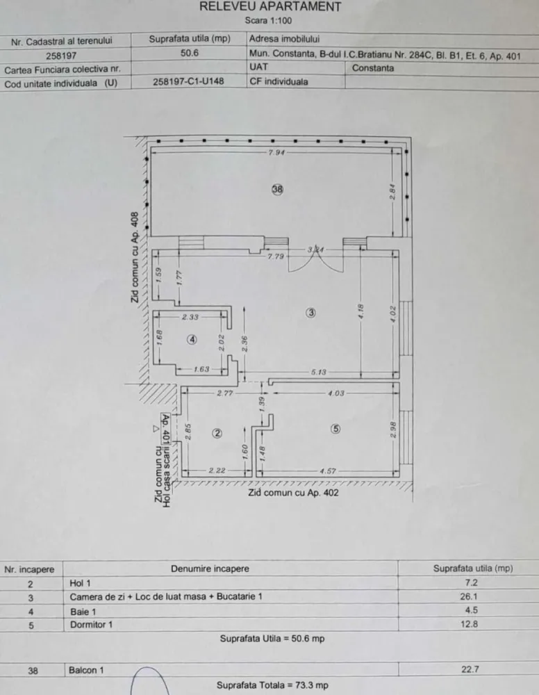 Apartament Nou, Novopolis, suprafata totala 73,3 mp + parcare - Vand apartament in bloc nou , complex Novopolis , Constanta , I.C. Bratianu nr.284. Apartamentul este împărtit astfel: -camera de zi + living+bucatarie 26,1 mp -hol 7,2 mp -baie 4.5 mp -dormitor 12.8 mp -balcon 22,7 mp Locuința se va preda viitorului proprietar la stadiul finisat și nemobilată. Printre dotări se regăsesc: ferestre termopan, ușă metalică, lift, interfon, centrală termică. Apartamentul are inclus in pretul de vanzare si parcarea
