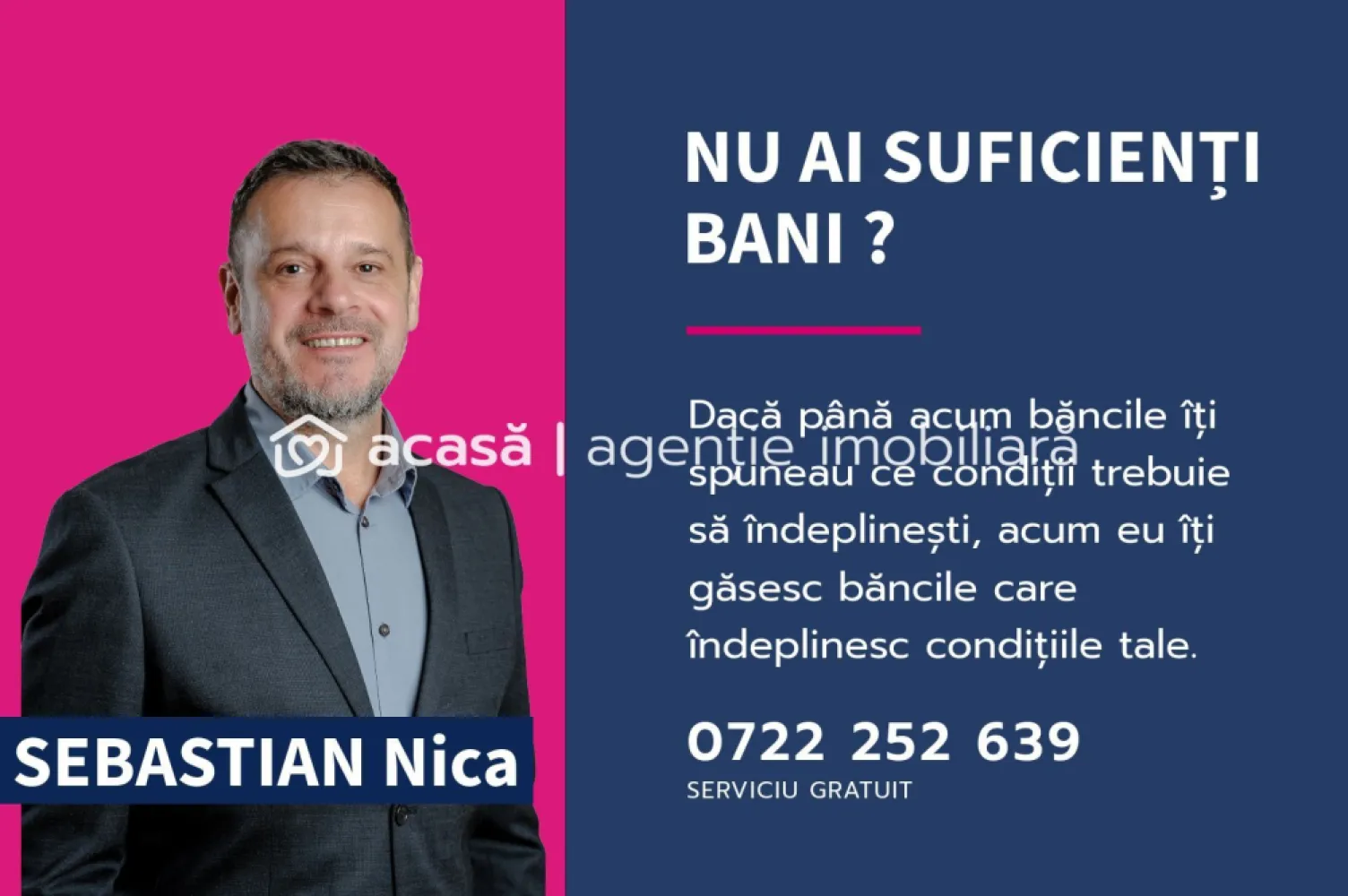 Apartament mobilat și utilat în Piața Spitalului - investitie sigura! - Vă oferim spre achiziție un apartament situat în zona centrală – Piața Spitalului, una dintre cele mai căutate locații din Arad pentru locuit sau investiție.

Apartamentul se află la etajul 3 al unui bloc cu lift, oferind confort, accesibilitate și o priveliște deschisă. 
Se vinde complet mobilat și utilat conform fotografiilor, fiind gata pentru mutare imediată.

Preț: 85.000 €
Comision 0% pentru cumpărător
Contact: Sebastian Nica – 0722 252 639
Consultant Imobiliar – Agenția ACASĂ Arad

Caracteristici principale:
Living cu bucătărie open space, 2 dormitoare și o baie
Aparat de aer condiționat pentru încălzire și răcire
Etaj 3 / bloc cu lift
Zonă centrală – Piața Spitalului
Acces rapid la mijloace de transport, magazine, farmacii, spitale, universități

Avantaje:
Poziție excelentă – central, dar liniștit
Ideal pentru locuință proprie sau închiriere pe termen lung / studenți
Randament ridicat la investiție
Zonă cu cerere constantă pentru închiriere
Un apartament cu potențial real de valoare și confort urban, într-o locație accesibilă

Pentru detalii și vizionare:
Sebastian Nica – 0722 252 639

Nu dispui de toată suma? Te ajutăm noi gratuit! Îți obținem oferte de la 16 bănci.

Ai o proprietate de vânzare în Arad și vrei să știi cât valorează cu adevărat?
Sună-mă pentru o evaluare gratuită, fără obligații.

Birou: ACASĂ | Agenție imobiliară Arad
Bulevardul Decebal 2, Arad 310133

Cod proprietate: CP2785461