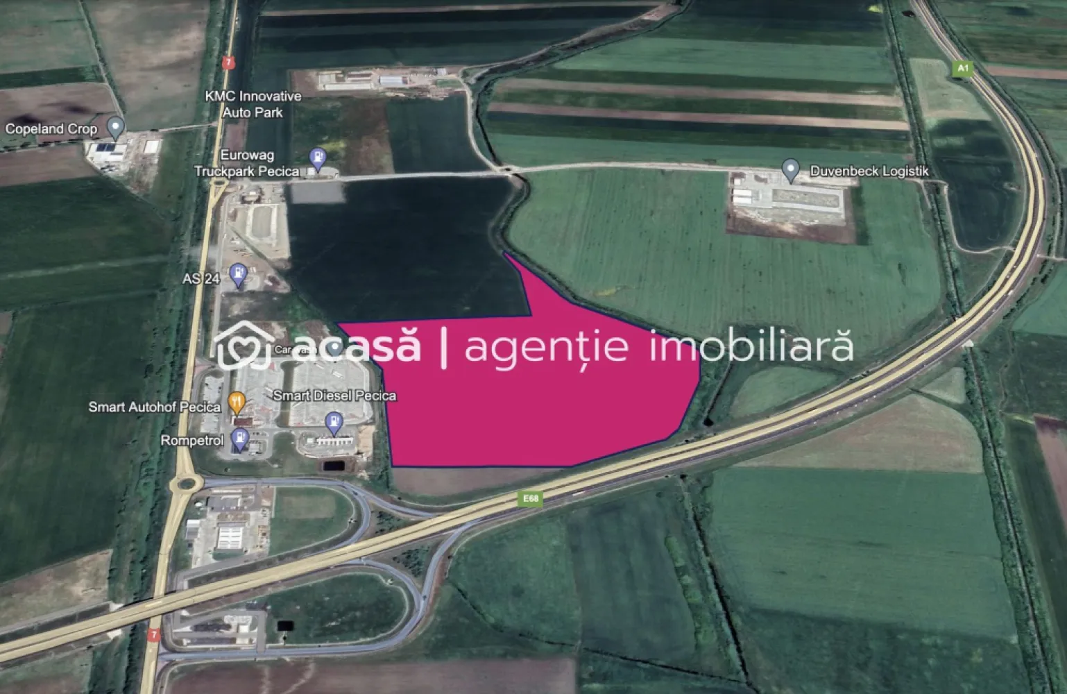 Investiție strategică: Teren cu PUZ pentru un parc logistic - Suntem încântați să vă oferim oportunitatea de a achiziționa un teren excepțional, situat strategic pentru dezvoltarea unui parc logistic sau industrial, situat în Pecica, la coborârea de pe Autostrada A1.

Caracteristici principale:
Suprafață: 13 ha
PUZ inclus: Prețul include obținerea PUZ-ului conform specificațiilor și nevoilor clientului, garantând astfel o dezvoltare sigură, rapidă și eficientă.
Localizare strategică: Terenul este vizibil de pe Autostrada A1, înainte de coborârea către Pecica, oferind astfel o vizibilitate excelentă și acces facil.

Proximitate față de puncte cheie:
- 30 km de Vama Nădlac
- 14 km de Vama Turnu
- aproape de Arad, oraș de graniță cu Europa de Vest

Vecinătăți și facilități:
DUVENBECK
SMART DIESEL
Platforme de parcare TIR
4 stații de alimentare cu combustibil
Firme de logistică și comerț
Service-uri auto

Această poziționare strategică și infrastructura existentă fac din acest teren o investiție ideală pentru dezvoltarea unui parc logistic modern și eficient, facilitând astfel operațiuni comerciale și de transport de mare anvergură.

Contact:
0721356746 Florin Moș // Consultant imobiliar

Nu ratați șansa de a investi într-o locație cu potențial maxim de creștere și dezvoltare logistică!