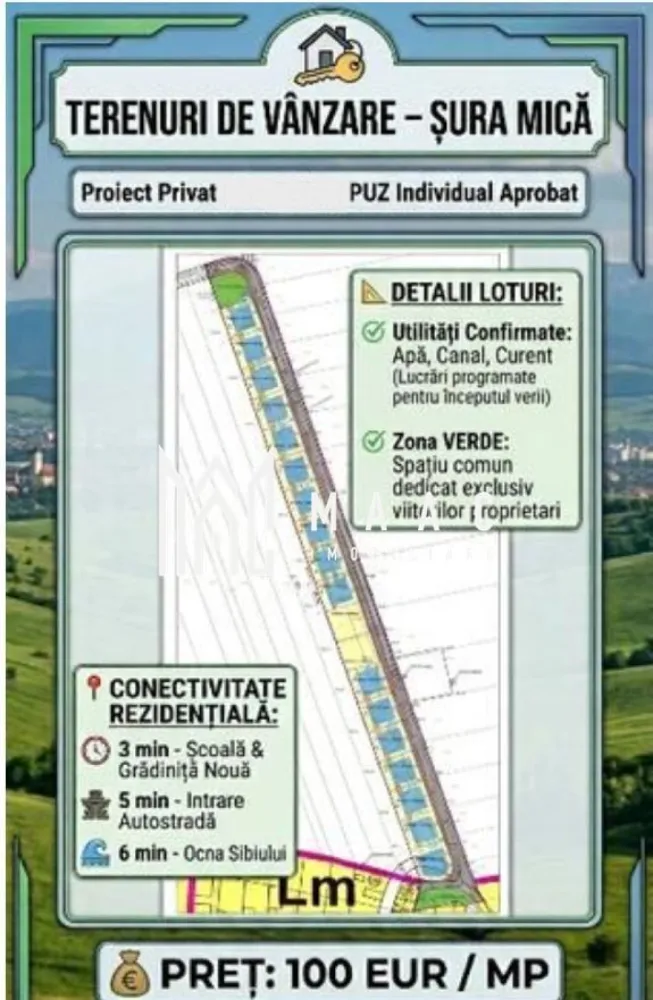 Parcele de tren de vânzare | 417-892 MP | Șura Mică - MAAC Imobiliare vă propune spre vânzare parcele de teren intravilane situate în Șura Mică, în cadrul unui proiect privat cu PUZ individual aprobat. 

Locația oferă oportunitatea ideală pentru construirea unei case , cu regim de înălțime permis: P / P+E / D+P+M.
Accesul se v-a face prin barieră la intrare.
Disponibilitatea loturilor este următoarea:

Loturi Premium: 
Parcela 10 (873 mp) și
Parcela 11 (892 mp), care includ grădini extinse pentru un plus de intimitate.

Loturi Standard: 
Suprafețe echilibrate, cuprinse între:
417 mp și 448 mp

Parcelă Specială:
470 mp, beneficiind de o deschidere generoasă la stradă de 19 ml.

Lot Individual: 
508 mp, poziționat strategic chiar la intrarea pe stradă.

Detalii tehnice și utilități:

Avize obținute pentru apă, canalizare și curent electric;
 
Instalarea rețelelor în teren este confirmată pentru vara anului 2026.

Proiectul include un spațiu comun dedicat exclusiv viitorilor proprietari.

Conectivitate și proximitate:

Educație: 3 minute cu mașina până la Școala Gimnazială și grădinița modernă din localitate.

Transport: 5 minute distanță până la intrarea pe autostradă.

Recreere: 6 minute până la stațiunea Ocna Sibiului.

Pentru informații suplimentare sau pentru a programa o vizionare la fața locului, vă rugăm să ne contactați menționând ID: CP3060876