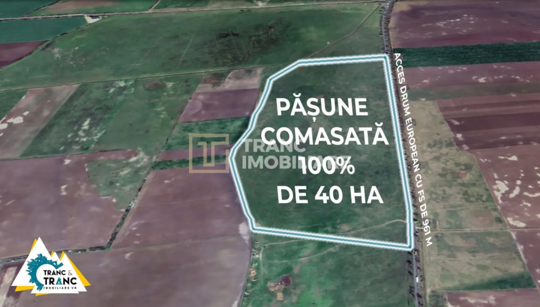 Teren PASUNE de 40ha, Comasat 100%, cu FS de 961 ml la Drumul European - Daca va aflati in cautarea unei pașuni de 40 ha, comasat 100%, acesta este singurul teren care va poate satisface nevoie de a dezvolta o afacere in domeniul cresterii animalelor, industrial sau fotovoltaic, datorita pozitionarii strategice oferita de accesul la Drumul European, cu un front stradal, mai mult decat generos, de 961 ml. 

Terenul poate fi parcelat si revandut, se poate dezvolta un nou cartier de case, o zona industriala de hale, un parc fotovoltaic sau pur si simplu se poate folosi ca pasune pentru animale. La o distanta de doar 50 m se afla linia de medie tensiune unde va puteti bransa in cazul in care il cumparati pentru a construi un parc fotovoltaic.

 Zona in care se afla terenul este una in care predomina activitatile agricole. In zona vom intalni ferme agricole, ferme de animale, benzinarii si restaurante.

Daca sunteti agricultor sau o firma cu renume in zona si doriti sa va extindeti activitatea sau doriti sa investiti in pasuni pentru a le transforma in parcuri fotovoltaice, parcuri industriale sau ferme agricole, nu ezitati sa ne contactati.