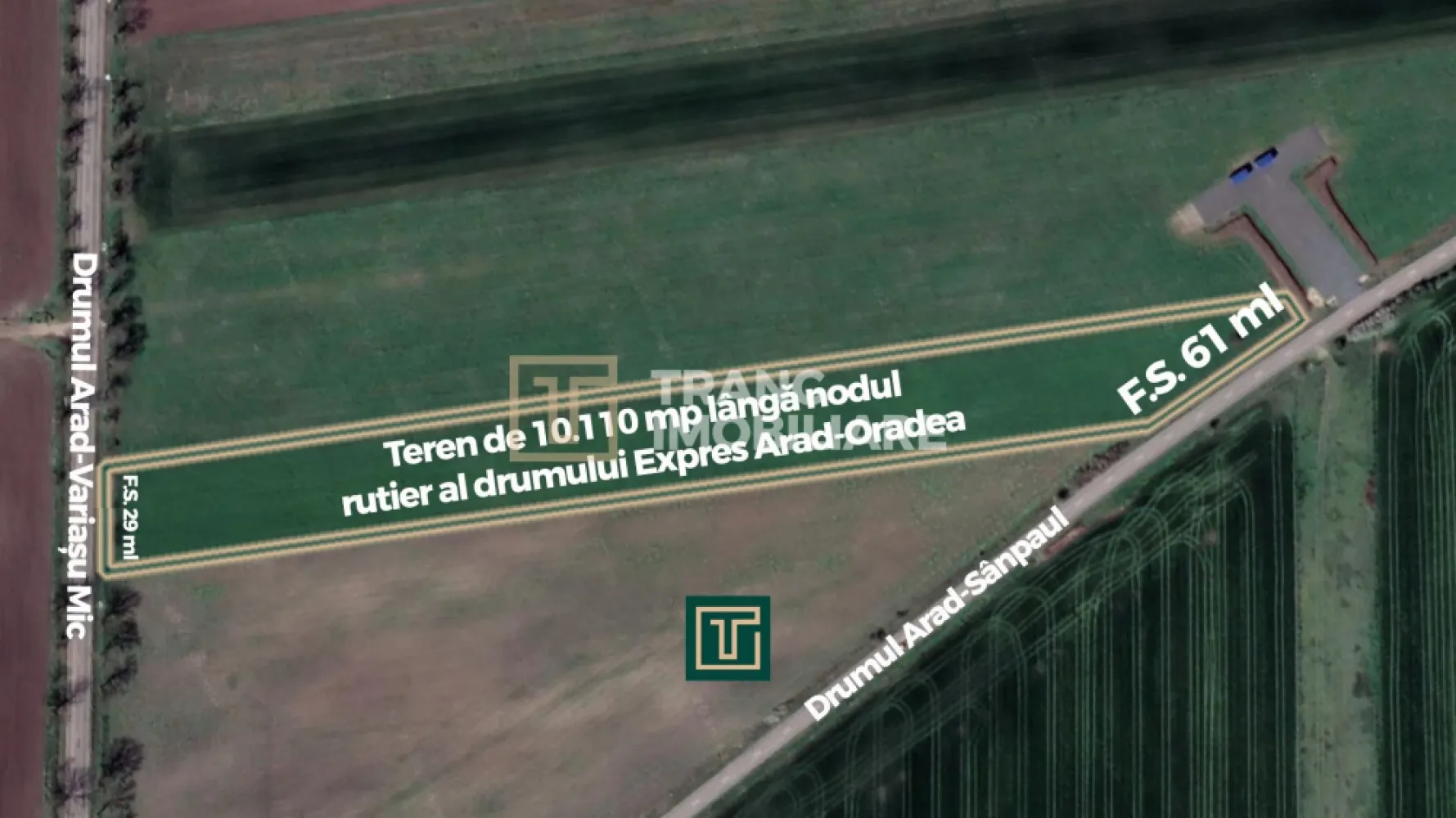 Teren strategic de 45115 mp, lângă viitorul nod al Drumului Expres Arad-Oradea - Tranc Imobiliare vă propune spre vânzare un teren extravilan cu poziționare strategică, situat în Arad, în imediata apropiere a viitorului nod de acces al Drumului Expres Arad–Oradea, o investiție majoră de infrastructură care va transforma complet zona și va genera oportunități semnificative pentru investitori.

Proprietatea beneficiază de două fronturi stradale, ceea ce oferă flexibilitate maximă pentru viitoare dezvoltări, acces facil și posibilitatea de parcelare sau dezvoltare multiplă.

Caracteristici principale:
Suprafață totală: 45115 mp
Front stradal 1: 104 ml la drumul Arad – Sânpaul
Front stradal 2: 271 ml la drumul Arad – Variașu Mic
Teren cu vizibilitate bună și acces din două direcții
Apă: la aproximativ 10 m
Curent electric: la aproximativ 400 m
Zona este în prezent neexploatată industrial, cu potențial ridicat de dezvoltare

Avantaje investiționale majore:
Poziționare în imediata apropiere a viitorului nod al Drumului Expres Arad–Oradea
Dublu front stradal – ideal pentru dezvoltări logistice, comerciale sau parcelare
Potențial ridicat de creștere a valorii odată cu dezvoltarea infrastructurii
Acces excelent către principalele artere rutiere din regiune
Investiție ideală pe termen mediu și lung

Achiziția terenurilor situate lângă noduri rutiere majore reprezintă una dintre cele mai sigure și profitabile strategii investiționale, iar această proprietate oferă exact acest avantaj.

Pentru detalii suplimentare și vizionare nu ezitați să ne contactați