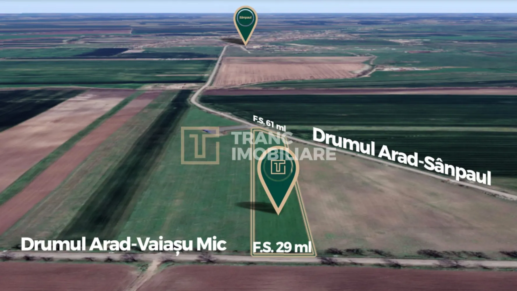 Teren strategic de 45115 mp, lângă viitorul nod al Drumului Expres Arad-Oradea - Tranc Imobiliare vă propune spre vânzare un teren extravilan cu poziționare strategică, situat în Arad, în imediata apropiere a viitorului nod de acces al Drumului Expres Arad–Oradea, o investiție majoră de infrastructură care va transforma complet zona și va genera oportunități semnificative pentru investitori.

Proprietatea beneficiază de două fronturi stradale, ceea ce oferă flexibilitate maximă pentru viitoare dezvoltări, acces facil și posibilitatea de parcelare sau dezvoltare multiplă.

Caracteristici principale:
Suprafață totală: 45115 mp
Front stradal 1: 104 ml la drumul Arad – Sânpaul
Front stradal 2: 271 ml la drumul Arad – Variașu Mic
Teren cu vizibilitate bună și acces din două direcții
Apă: la aproximativ 10 m
Curent electric: la aproximativ 400 m
Zona este în prezent neexploatată industrial, cu potențial ridicat de dezvoltare

Avantaje investiționale majore:
Poziționare în imediata apropiere a viitorului nod al Drumului Expres Arad–Oradea
Dublu front stradal – ideal pentru dezvoltări logistice, comerciale sau parcelare
Potențial ridicat de creștere a valorii odată cu dezvoltarea infrastructurii
Acces excelent către principalele artere rutiere din regiune
Investiție ideală pe termen mediu și lung

Achiziția terenurilor situate lângă noduri rutiere majore reprezintă una dintre cele mai sigure și profitabile strategii investiționale, iar această proprietate oferă exact acest avantaj.

Pentru detalii suplimentare și vizionare nu ezitați să ne contactați