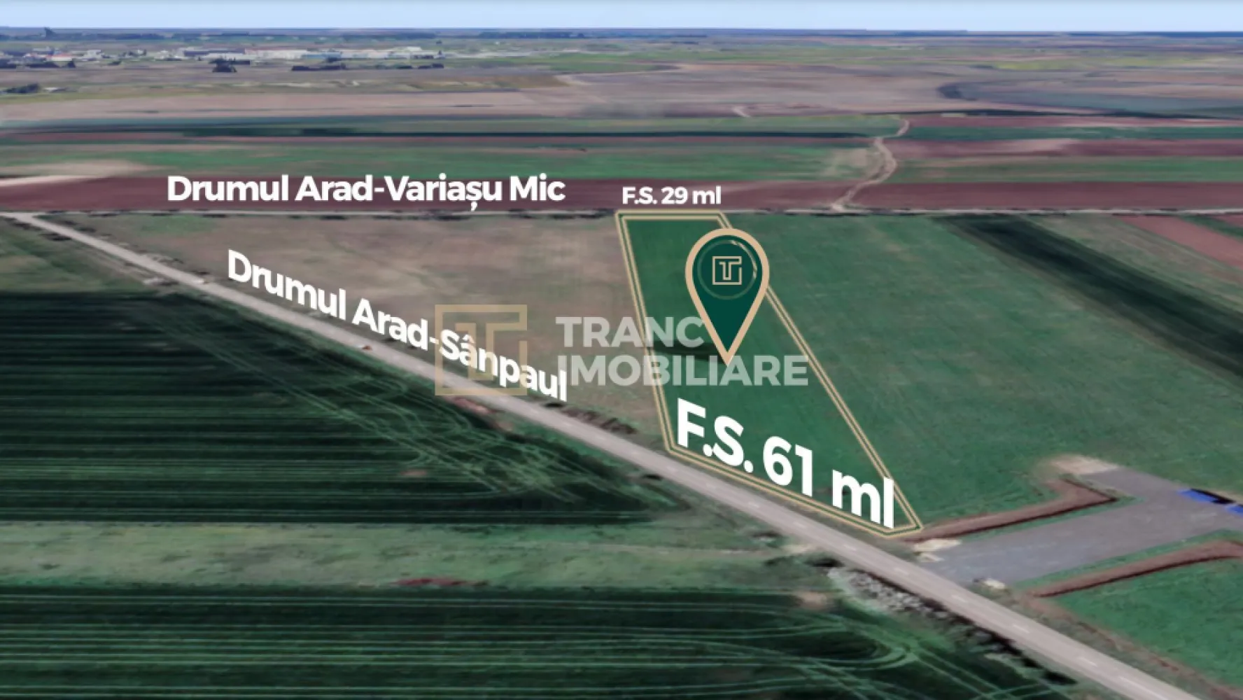 Teren strategic de 45115 mp, lângă viitorul nod al Drumului Expres Arad-Oradea - Tranc Imobiliare vă propune spre vânzare un teren extravilan cu poziționare strategică, situat în Arad, în imediata apropiere a viitorului nod de acces al Drumului Expres Arad–Oradea, o investiție majoră de infrastructură care va transforma complet zona și va genera oportunități semnificative pentru investitori.

Proprietatea beneficiază de două fronturi stradale, ceea ce oferă flexibilitate maximă pentru viitoare dezvoltări, acces facil și posibilitatea de parcelare sau dezvoltare multiplă.

Caracteristici principale:
Suprafață totală: 45115 mp
Front stradal 1: 104 ml la drumul Arad – Sânpaul
Front stradal 2: 271 ml la drumul Arad – Variașu Mic
Teren cu vizibilitate bună și acces din două direcții
Apă: la aproximativ 10 m
Curent electric: la aproximativ 400 m
Zona este în prezent neexploatată industrial, cu potențial ridicat de dezvoltare

Avantaje investiționale majore:
Poziționare în imediata apropiere a viitorului nod al Drumului Expres Arad–Oradea
Dublu front stradal – ideal pentru dezvoltări logistice, comerciale sau parcelare
Potențial ridicat de creștere a valorii odată cu dezvoltarea infrastructurii
Acces excelent către principalele artere rutiere din regiune
Investiție ideală pe termen mediu și lung

Achiziția terenurilor situate lângă noduri rutiere majore reprezintă una dintre cele mai sigure și profitabile strategii investiționale, iar această proprietate oferă exact acest avantaj.

Pentru detalii suplimentare și vizionare nu ezitați să ne contactați