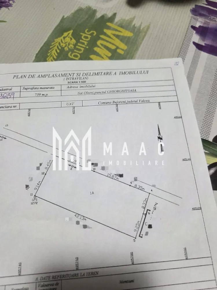 teren de vanzare | zona foarte frumoasa | sat olteni - MAAC Imobiliare vă propune spre vânzare un teren situat într-o zonă foarte liniștită, în satul Olteni. Proprietatea beneficiază de o deschidere generoasă la stradă de 42 metri, oferind multiple posibilități pentru construcție sau investiție.

Toate utilitățile se află în imediata apropiere a terenului, iar accesul către DN se face rapid, acesta fiind situat la aproximativ 500 metri distanță. Zona este apreciată pentru liniște, aer curat și acces facil către principalele puncte de interes.

Caracteristici principale:
-suprafață totală de 739 mp
-deschidere de 42 m la stradă
-teren intravilan, pretabil pentru construcții

Prețul este ușor negociabil, oferind flexibilitate pentru potențialii cumpărători interesați de o achiziție avantajoasă într-o zonă cu potențial de dezvoltare.

Pentru mai multe detalii și programarea unei vizionări, vă rugăm să contactați MAAC Imobiliare și să menționați la telefon CP3073887