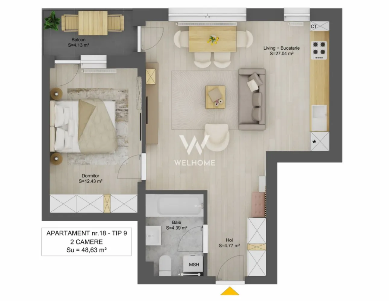Apartament 2 Camere de Vânzare – Sibiu, Str. Doamna Stanca - Vă oferim oportunitatea de a achiziționa un apartament cu 2 camere într-un imobil nou dotat cu lift, situat în una dintre cele mai căutate zone imobiliare din Sibiu, pe strada Doamna Stanca. Localizarea strategică oferă acces imediat către Shopping City Sibiu, Kaufland și principalele puncte de interes urban.

Specificații și Compartimentare
Apartamentul este situat într-un bloc cu regim de înălțime P+6E+ER și dispune de o suprafață utilă de 48.6 mp, fiind proiectat pentru a oferi un confort optim:
Dormitor: 1
Living cu bucătărie open-space
Baie și hol
Balcon: 4.13 mp
Disponibilitate: Etajele 1-6

Dotări și Stadiul de Predare
Proprietatea se distinge prin calitatea construcției și flexibilitatea finisării. Exteriorul imobilului și spațiile comune (casa scării, liftul) se predau complet finalizate.

Predarea la cheie include:
Centrală termică proprie și calorifere montate.
Geamuri termopan de înaltă calitate.
Pereți finisați cu lavabilă, parchet, gresie și faianță.
Instalații electrice, termice și sanitare complete.
Ușă metalică la intrare și interfon.
Sistem de contorizare individuală.

Facilități și Parcare
Loc de parcare inclus: Fiecare apartament beneficiază de un loc de parcare delimitat, inclus în prețul de vânzare.

Localizare: Proximitate directă față de școli, grădinițe, clinici medicale și rețeaua de transport în comun.

Modalități de Plată și Prețuri
Achiziția se realizează direct de la dezvoltator, cu comision 0% pentru cumpărător. Se acceptă atât plata cash, cât și prin credit bancar.

Preț Semifinisat: 97.500 Euro (TVA inclus)
Preț La Cheie: 103.700 Euro (TVA inclus)

Contactați-ne pentru detalii suplimentare și programarea unei vizionări:
Locație: Str. Doamna Stanca, Sibiu (Zona Kaufland/Mall)