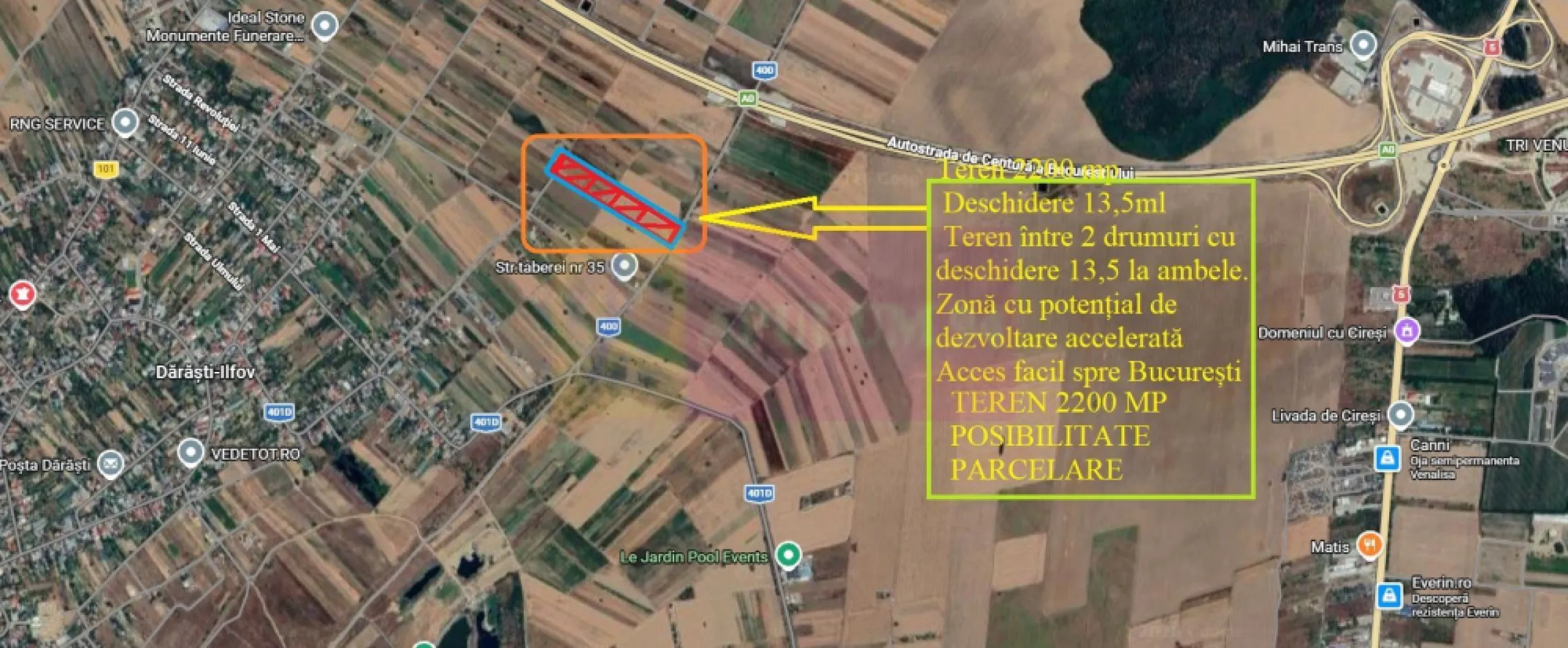 Teren intravilan cu potanțial pentru investiție - Teren de 2200mp cu deschidere de aproape 14 la două drumuri, teren intravilan, teren situat în proximitatea noului cartier de case din zona străzii Taberei din localitatea Dărăști-Ilfov, teren situat între case și A0 cu acces facil spre București. Terenul este proprietatea unor persoane fizice, nu se percepe TVA, dacă se dorește se poate cumpăra și 1100mp (jumătate) după semnarea unei promisiuni de vânzare și dezmembrarea aferentă. Pentru mai multe detalii și programarea de vizionări nu ezitați să mă contactați, Daniel, Apulum94.