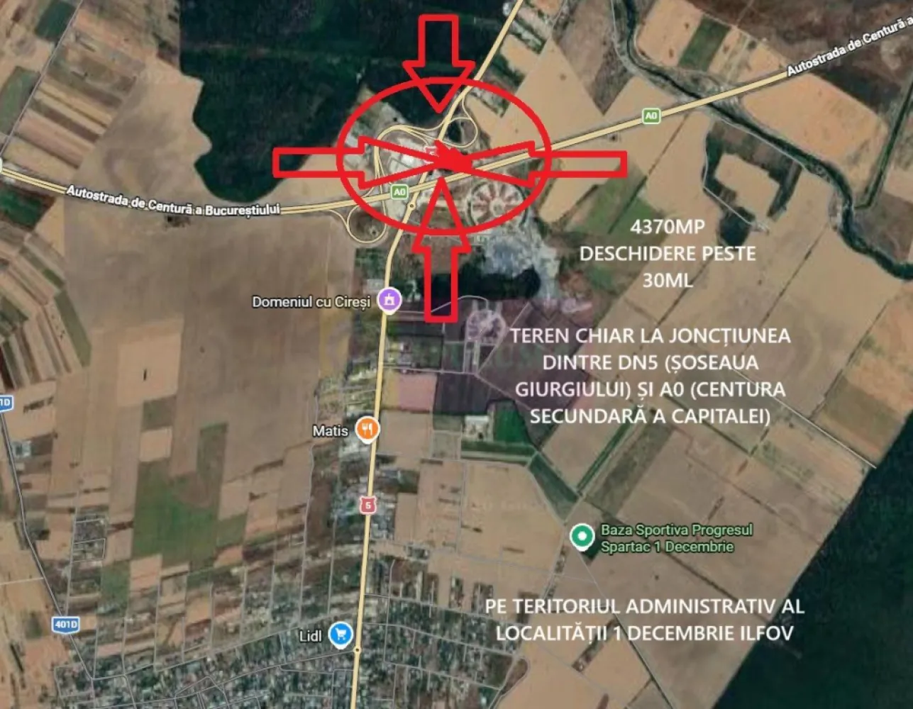Teren la Joncțiunea dintre A0 și DN5 - Vă oferim posibilitatea de a achiziționa la preț bun un teren situat între A0 - Centura secundară a capitalei (de viteză) și DN5 - Șoseaua Giurgiului, un teren compact de 4370mp, cu front stradal de peste 30ml la drum de acces, avem o latură care se învecinează direct cu DN5 - Șoseaua Giurgiului. Terenul se află în extravilanul localității 1 Decembrie și pe teren sunt arbori maturi, terenul face parte din pâlcul de pădure de pe partea dreaptă cum venim spre București care a fost afectat de construcția A0. Amplasamentul este punctul forte al acestei proprietăți. Pentru a edifica orice contrucție pe acest teren sunt necesare aprobări de la CNAIR și trebuie făcut PUZ ceea ce implică costuri suplimentare, deasemenea, terenul fiind în extravilan se va respecta procedura de preemțiune. Efortul însă merită! Terenul este foarte bine amplasat. Pentru mai multe detalii și programarea de vizionări nu ezitați să contactați consultantul imobiliar. La vizionare se semnează contractul de prestări servicii iar comisionul agenției este de 3%+TVA din prețul final agreat la tranzacționare.