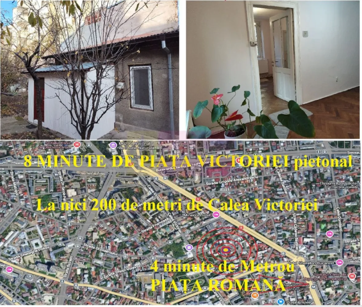 Casa în Ultracentralul Bucureștiului la preț mic (casă mică) - Disponibilă și pregătită pentru vânzare din punct de vedere al documentației o căsuță în Piața Romană, mai precis între Piața Roamnă și Piața Victoriei. Distanța dintre căsuță și metrou este de numai 5 minute, iar de la căsuță până la Calea Victoriei (zona Casa Vernescu) este de maxim 2 minute, casa fiind chiar lângă Grădinița 50, în vecinătate cu Ambasada Italiei, cu Direcția Generală Pașapoarte, și evident Parcul Nicolae Iorga. O casă la un preț foarte bun având în vedere zona, mai central de atât în București nu se poate, suntem în ce mai bună zonă. Imobilul se vinde la acest preț datorită suprafeței, o casă mică de 30mp utili. Casa se află într-o curte comună cu un teren total de peste 1200mp, Vecinii sunt oameni liniștiți, civilizați și evident se dorește ca cel care va cumpăra imobilul să fie un om civilizat și liniștit. Locația poate fi pet friendly, în curte mai există un pufulete care latră și câteva blănoase care miaună. Fiind casă pe parter locuința este perfectă și pentru persoanele cu dizabilități. Piața Amzei este la 3-4 minute, Mega Image la 2 minute. Compartimentarea este specifică unei garsoniere la curte, cu bucătăria la intrare, o bucătarie mare, spațioasă și pătrățoasă de aproape 10mp, bucătărie care oferă acces spre Living, living care preia și funcția de dormitor și unde se poate amenaja și o zonă de lucru pentru cei care lucrează remote. Imobilul necesită investiții. Compartimentarea și funcționalitatea spațiului se pot modifica conform viziunii și nevoilor noilor proprietari. Locația este top, metrou, restaurante, cluburi, pub-uri, cafenele, bistro-bar și multe altele, suntem în centrul orașului, în centrul capitalei și avem foarte multe variante de petrecere a timpului liber într-o manieră extrem de plăcută, Calea Victoriei este la nici 150 de metri, este un imobil perfect atât pentru locuit cât și pentru investiție, perfect pentru a cunoaște Bucureștiul și ce are orașul mai bun de oferit. Acest imobil este perfect pentru oameni cu viziune care știu să integreze într-un spațiu restrâns idei frumoase de amenajare. Casa beneficiază de centrala termică, de racord la curent electric, gaz, apă și canalizare dar și de internet prin fibră optică. Pentru mai multe detalii și programarea de vizionări nu ezitați să mă conatactați, Daniel, Apulum94. Facilităm și achiziționarea prin credit ipotecar prin intermediul partenerilor, agenția imobiliară percepe un comision de 3% din prețul de tranzacționare și la vizionare se semnează contract de prestări servicii.