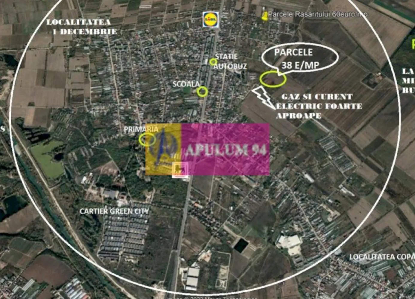 Teren construcție casă - 1 Decembrie - Zona Metropolitană București - Teren 524 mp cu 26ml deschidere, aproape de utilitati (curent electric si gaz), numar postal - Strada Piersicilor Nr. 6A- si certificat de urbanism, se poate construi casa P+2 cu un procent de ocupare de 35% si un CUT de 1,2 . Teren intravilan. Este situat in Ilfov, zona metropolitană București, localitatea 1 Decembrie, la 10 minute de Bucuresti, cu utilitati in apropiere. Este la o distanta de 5 minute de Lidl mers pe jos, sunt scoli si gradinite in apropiere, statia de autobuz la 3 minute mers pe jos, si zona prezinta o dezvoltare accentuata.
 Hipermarket Lidl, Mega Image, Profi, farmacii, centre veterinare, restaurante, etc. Sunt mijloace de transport publice atat ziua cat si noaptea.
Padurea este la 400ml, in apropiere se construiesc atat case individuale cat si complexuri de case-vile, este o zona care cunoaste o dezvoltare sanatoasa, apropiata de Centura 2 - A0, cu regim de autostrada, ce va inconjura Bucurestiul si care are un picior de pod chiar la 1,5 km de teren, facilitand accesul practic in orice punct al Bucurestiului sau din tara prin acces facil la toate arterele de intrare in oras sau autostrazile spre orice loc din tara (mare, munte, strainatate, etc) si datorita proximitatii fata de capitala. Prin DN5 se ajunge in 50 de minute in Bulgaria - Giurgiu Russe, este practic in drumul spre Grecia.
 Aici beneficiati de aer curat datorita padurii din proximitate, de linistea specifica locului, de acces facil la serviciile medicale din oras datorita accesului facil inspre si dinspre oras, la centrele comerciale din apropiere, asfaltul este la 70ml, gaz si curent electric aproape de teren, certificat de urbanism care atesta ca se poate construi casa pe teren. Documentatia este la zi, proprietarii sunt persoane fizice, exista certificat de urbanism, stalpul de curent este la aproximativ 50ml de teren, solul este cernoziom superior si este perfect pentru cultivat atat plante ornamentale cat si flori si legume.Pentru mai multe detalii și programarea de vizionări nu ezitați să mă contactați, Daniel, Apulum94. Facilităm și achiziționarea prin credit ipotecar prin intermediul partenerilor, agenția imobiliară percepe un comision de 3% din prețul de tranzacționare și la vizionare se semnează contract de prestări servicii.