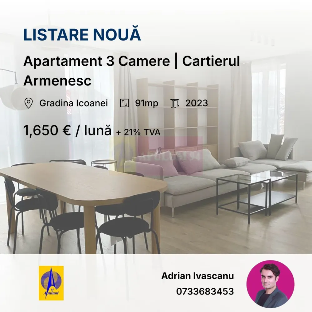 Apartament 3 Camere | OFERTA SPECIALA | Cartierul Armenesc - Un proiect rezidențial boutique UNIC si impresionant, structurat pe S+P+2+3R, oferind doar 13 apartamente unice și 24 de locuri de parcare subterane.
Proiectul include o selecție diversă de apartamente cu 3 și 4 camere. Fiecare apartament beneficiază de balcoane spațioase, iar locuințele de la parter oferă grădini private generoase.
Apartamentul dispune de 3 camere, decomandate, luminoase,i si o terasa de 5.5mp. Etaj 2/3.
Chirie lunara 1650 euro + TVA. ( OFERTA SPECIALA - timp limitat )
2 locuri parcare/ apartament. 150 euro + TVA , lunar per loc parcare.
Pentru mai multe detalii si programarea unei vizionari, contactati-ne !

apulum94@apulum94.ro
adrian@apulum94.ro
Whatsapp 0733683453

Apulum94 presents an exceptional boutique residential project with a S+P+2+3R structure, featuring 13 unique apartments and 24 underground parking spaces. The diverse selection of 3 and 4-room apartments boasts large windows that flood the spacious, well-designed interiors with natural light. Each unit includes generous balconies, while ground floor apartments offer expansive private gardens, creating a tranquil oasis in the city center.