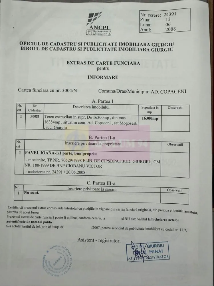 Teren 16.300 mp Mogoșești | ideal investiție și parcelare - Teren cu suprafață de 16.300 mp situat în Mogoșești, comuna Adunații Copăceni, la distanță redusă de București, aprox 14 km. Proprietatea este potrivită pentru investitori care urmăresc dezvoltări rezidențiale în etape sau parcelare.

Actele sunt complete, terenul este intabulat și liber de sarcini. Accesul se face din drum de exploatare.

Date principale:

Suprafață: 16.300 mp (16.384 mp din măsurători)
Nr. cadastral: 3083
Carte funciară: liberă de sarcini
Regim: extravilan
Categoria: arabil
Deschidere: aproximativ 29–30 m la drum de exploatare
Lungime teren: aproximativ 250 m

Caracteristici:

teren compact, ușor de organizat în loturi
acces existent, fără servituți complicate
zonă liniștită, fără construcții industriale
potrivit pentru proiecte rezidențiale 

Utilități:

nu sunt disponibile pe teren

Vecinătăți:

terenuri libere și proprietăți individuale
acces din drum de exploatare
zonă în curs de dezvoltare

Utilizare recomandată:

parcelare în loturi de 400–600 mp
dezvoltare rezidențială etapizat

Preț:

11 €/mp
Total 179.300 €