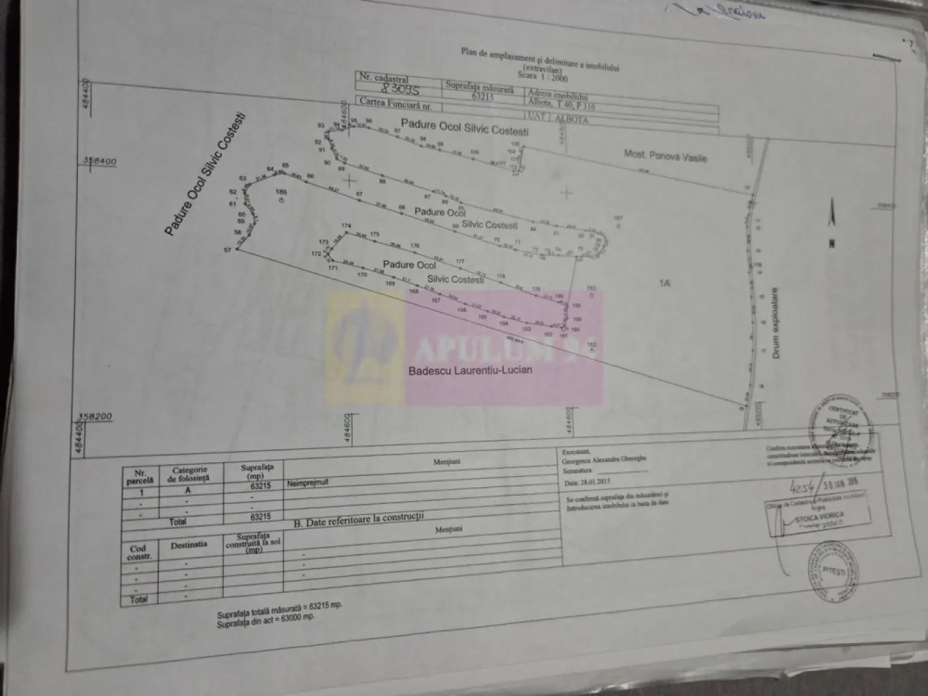 9,4 ha teren lângă DEx12 Pitești | 2,85 €/mp | loturi sau pachet - Teren agricol situat în Albota, in apropiere de Drumul Expres Craiova–Pitești (DEx12).
Proprietatea este formată din două terenuri extravilane cu cărți funciare separate. Se pot cumpăra individual sau împreună.
Suprafață totală disponibilă
94.227 mp (aprox. 9,4 ha)

Structura proprietății :

Teren 1
62.596 mp
Preț: 2,95 €/mp
Preț total: 184.650 €

Teren 2
31.631 mp
Preț: 3,10 €/mp
Preț total: 98.056 €

Achiziție pachet integral
94.227 mp
Preț: 2,85 €/mp
Preț total: 268.500 €

Date tehnice :

- teren extravilan
- categorie folosință: arabil
- acces din drum de exploatare
- cărți funciare individuale
- fără sarcini în cartea funciară

Localizare :

Proprietatea se află în zona agricolă a comunei Albota, cu acces rapid către Pitești și în imediata apropiere a Drumul Expres Craiova–Pitești (DEx12).

Loturile de teren se pot vinde individual sau împreună.

Documentația cadastrală completă este disponibilă pentru verificare.