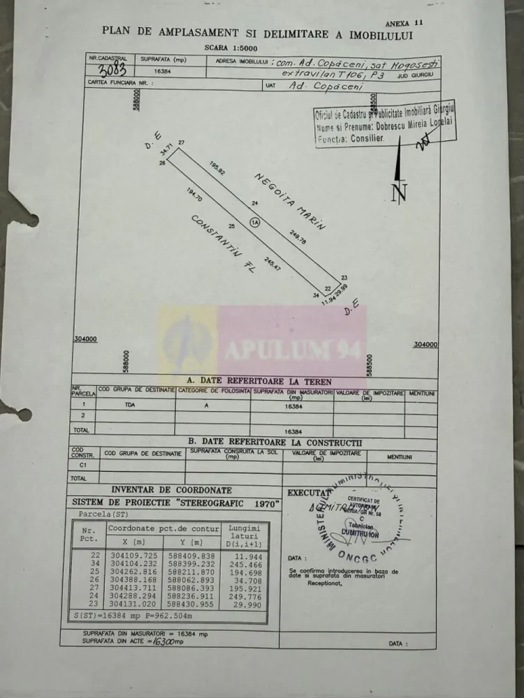 Teren 16.300 mp Mogoșești | ideal investiție și parcelare - Teren cu suprafață de 16.300 mp situat în Mogoșești, comuna Adunații Copăceni, la distanță redusă de București, aprox 14 km. Proprietatea este potrivită pentru investitori care urmăresc dezvoltări rezidențiale în etape sau parcelare.

Actele sunt complete, terenul este intabulat și liber de sarcini. Accesul se face din drum de exploatare.

Date principale:

Suprafață: 16.300 mp (16.384 mp din măsurători)
Nr. cadastral: 3083
Carte funciară: liberă de sarcini
Regim: extravilan
Categoria: arabil
Deschidere: aproximativ 29–30 m la drum de exploatare
Lungime teren: aproximativ 250 m

Caracteristici:

teren compact, ușor de organizat în loturi
acces existent, fără servituți complicate
zonă liniștită, fără construcții industriale
potrivit pentru proiecte rezidențiale 

Utilități:

nu sunt disponibile pe teren

Vecinătăți:

terenuri libere și proprietăți individuale
acces din drum de exploatare
zonă în curs de dezvoltare

Utilizare recomandată:

parcelare în loturi de 400–600 mp
dezvoltare rezidențială etapizat

Preț:

11 €/mp
Total 179.300 €