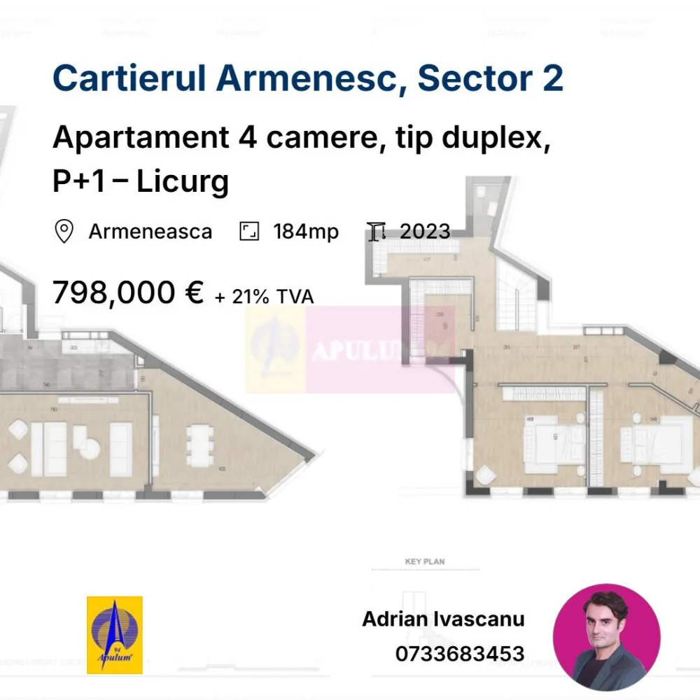 Apartament 4 camere, tip duplex, P+1 – Licurg - Duplex cu 4 camere generoase, dispus pe parter + etaj în complexul Licurg.
Suprafață utila 184mp, bucatarie deschisa, finisaje premium, layout deschis și lumină naturală excelentă pe ambele niveluri.
Preț apartament: 798.000 € + TVA
Parcare subterană: 2 locuri / apartament
Preț loc parcare: 32.000 € + TVA / loc
NOTA: Apartamentul este, momentan, inchiriat si se poate prelua cu contractul de inchiriere in curs.