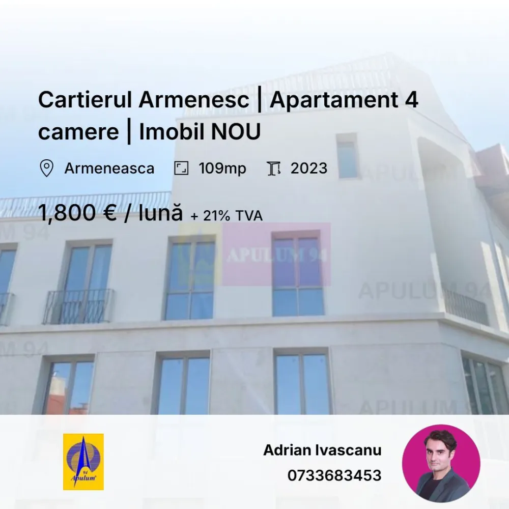 Armeneasca Licurg 2 Prime Residence | Apartament 4 camere UNIC - Arhitectura proiectului boutique Licurg 2 Prime Residence încorporează elemente de design specifice zonei, evidențiindu-se prin fațade elegante și detalii de piatră atent lucrate, ce se integrează armonios în peisajul local. Materialele, culorile și texturile sunt alese pentru a menține un aspect estetic în armonie cu stilul arhitectural tradițional al zonei.
Proiectul include o selecție diversă de apartamente cu 3 și 4 camere , caracterizate prin ferestre ample ce permit luminii naturale să inunde spațiile largi și bine organizate.

Detalii apartament:
4 camere
Decomandat
Terasa/ balcon 10mp
Suprafata utila 109mp
Chirie lunara 1800 euro + TVA. 
Pret vanzare 487.000 euro + TVA

Contact:
apulum94@apulum94.ro
adrian@apulum94.ro
Whatsapp 0733683453

EXTERIOR:

Rame din aluminiu:

Barieră termică ALIPLAST, culoare bej RAL 7044
Fixare mecanică pe cadru de oțel 30 x 30 mm
Geamuri triple:

Compoziție generală: Sticlă 6 mm 4S, distanțier 16 mm WE, sticlă float 4 mm, sticlă low E 6 mm
Parter spre stradă: Sticlă temperată KN 166 ESG 6 mm, distanțier 16 mm WE, sticlă float 4 mm, sticlă laminată low E 4.4.1 mm
Valoare U totală: 1,05 pentru rame și ferestre din aluminiu
PEISAGISTICĂ:

Design exterior:

Alee de intrare cu plăci ceramice
Drum de acces la subsol asfaltat
Mobilier urban pe platforme de beton, cu zone de flori integrate
Spații verzi:

Pe plăci de beton: Ghivece de plante (adâncime 50-70 cm), arbuști și gazon la rampa de intrare
Pe sol natural: Plantații de arbori și arbuști, gazon, pentru uz exclusiv apartamentelor 1 și 2
INTERIOR:

Pereți cu vopsea multistrat:

Trei straturi de vopsea albă lavabilă pe plăci de gips tencuite
Bază din bloc ceramic de 30 cm grosime
Pardoseli ceramice și laminat:

Plăci ceramice antiderapante și lemn laminat pe șapă de ciment
Izolație și calitate a construcției:

Izolație din lână minerală între cărămizi și plăci de gips pentru eficiență termică
Proiectare orientată spre confort și economie de energie

The architecture of Licurg 2 Prime Residence incorporates local design elements, featuring elegant facades and meticulously crafted stone details that blend seamlessly into the surroundings. Materials, colors, and textures are chosen to harmonize with the area's traditional architectural style. The project offers a variety of 3 and 4-room apartments, characterized by large windows that fill the spacious, well-organized interiors with natural light.

Apartment details:

4 rooms
Detached layout
Terrace/balcony: 10 sqm
Usable area: 109 sqm
Contact:

Email: apulum94@apulum94.ro, adrian@apulum94.ro
WhatsApp: 0733683453