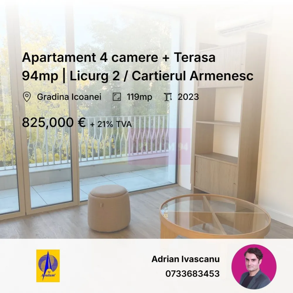 Apartament 4 camere + Terasa 94mp | Licurg 2 / Cartierul Armenesc - Arhitectura proiectului boutique Licurg 2 Prime Residence încorporează elemente de design specifice zonei, evidențiindu-se prin fațade elegante și detalii de piatră atent lucrate, ce se integrează armonios în peisajul local. Materialele, culorile și texturile sunt alese pentru a menține un aspect estetic în armonie cu stilul arhitectural tradițional al zonei.
Link video: https://www.youtube.com/watch?v=ARvoeaOWgMQ&ab_channel=Adrian-Apulum94

Proiectul include o selecție diversă de apartamente cu 3 și 4 camere , caracterizate prin ferestre ample si terase spatioase.

Detalii Apartament 
4 camere
Decomandat
119mp utili
94 mp terasa privata 
Pretul pentru un loc de parcare in parcarea subterana este de 32.000 euro + TVA. Exista 2 locuri destinate fiecarui apartament. 

The architecture of Licurg 2 Prime Residence boutique project incorporates area-specific design elements, featuring elegant facades and meticulously crafted stone details that blend seamlessly into the local landscape. Materials, colors, and textures are chosen to maintain an aesthetic harmony with the traditional architectural style of the area.

The project offers a diverse selection of 3 and 4-room apartments, characterized by large windows that allow natural light to flood the spacious, well-organized interiors.

Apartment Details:

4 rooms
Detached layout
119 sqm usable area
94 sqm private terrace
The price for an underground parking space is €32,000 + VAT. Each apartment has 2 designated spaces.

EXTERIOR:

Rame din aluminiu:

Barieră termică ALIPLAST, culoare bej RAL 7044
Fixare mecanică pe cadru de oțel 30 x 30 mm
Geamuri triple:

Compoziție generală: Sticlă 6 mm 4S, distanțier 16 mm WE, sticlă float 4 mm, sticlă low E 6 mm
Parter spre stradă: Sticlă temperată KN 166 ESG 6 mm, distanțier 16 mm WE, sticlă float 4 mm, sticlă laminată low E 4.4.1 mm
Valoare U totală: 1,05 pentru rame și ferestre din aluminiu
PEISAGISTICĂ:

Design exterior:

Alee de intrare cu plăci ceramice
Drum de acces la subsol asfaltat
Mobilier urban pe platforme de beton, cu zone de flori integrate
Spații verzi:

Pe plăci de beton: Ghivece de plante (adâncime 50-70 cm), arbuști și gazon la rampa de intrare
Pe sol natural: Plantații de arbori și arbuști, gazon, pentru uz exclusiv apartamentelor 1 și 2
INTERIOR:

Pereți cu vopsea multistrat:

Trei straturi de vopsea albă lavabilă pe plăci de gips tencuite
Bază din bloc ceramic de 30 cm grosime
Pardoseli ceramice și laminat:

Plăci ceramice antiderapante și lemn laminat pe șapă de ciment
Izolație și calitate a construcției:

Izolație din lână minerală între cărămizi și plăci de gips pentru eficiență termică
Proiectare orientată spre confort și economie de energie