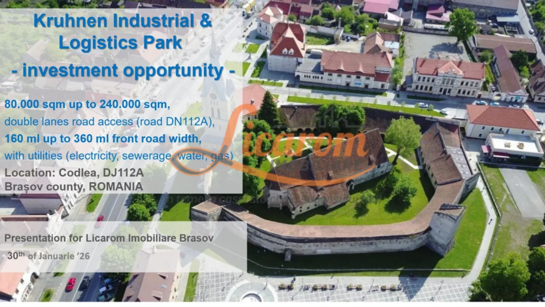Codlea teren constructii industriale sau logistice 8 ha pana la 24 Ha - Licarom Imobiliare propune spre vanzare in zona metropolitana a Brasovului o OPORTUNITATE DE INVESTITIE :
Cea mai mare suprafață de teren disponibilă lângă intersecția cu A3, in orasul Codlea zona industriala,teren pentru constructii industriale sau logistice 80.000 mp până la 240.000 mp cu acces rutier cu două benzi (DN112A),lățime front de drum de 160 ml până la 360 ml,cu utilități (electricitate, canalizare, apă, gaz).
Terenul are urmatorii coeficienti : CUT (Coeficient de Utilizare a Terenului)pana la 2 si POT (Ocupare Parcela %) pana la 70%
•
Front stradal pe 2 laturi – de la 160 ml până la 500 m la DJ112A
•
Acces facil rutier și feroviar, permițând conexiunea cu Europa Centrală, precum și o conexiune excelentă cu diversele regiuni ale României.
La distanta de 8 km se afla Aeroportul International GHIMBAV
La distanta de 1,5 km se afla intersectia cu viitorul lot din autostrada A3
In preajma terenului deasemenea gasim WDP Industrial Park Codlea ; DRAXELMAIER Codlea;IPB (Ind.Park Brasov) Ghimbav 
 VECTRA International Codlea & Ghimbav Parcul Olimpic Ghimbav de CTP VGP Ind. Park Brasov 
RA-RA Logistics, Brasov ,Parcul Industrial Feldioara-Hălchiu (Miele) Euro Park Brasov etc.

Pretul este de 45 euro/mp negociabil.

Pentru mai multe informatii,nu ezitati sa ne contactati la telefon 0741059397 Consultant imobiliar Calin si 0723985424 Consultant imobiliar Liliana