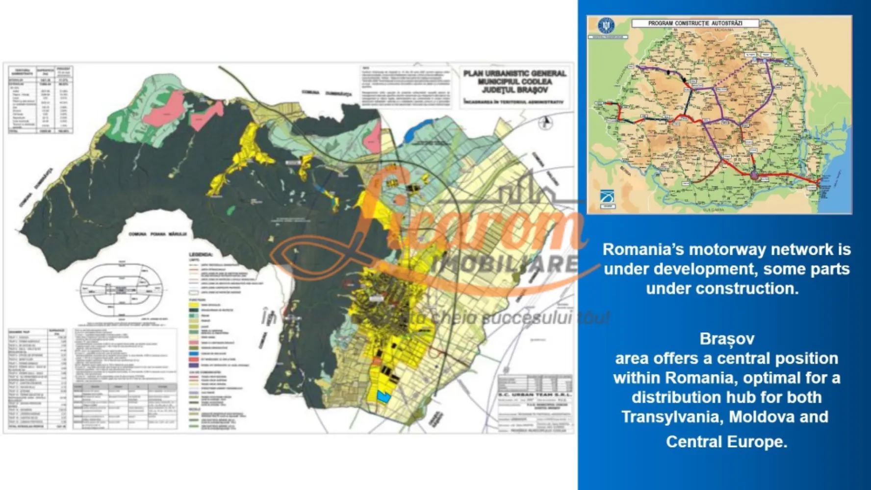Codlea teren constructii industriale sau logistice 8 ha pana la 24 Ha - Licarom Imobiliare propune spre vanzare in zona metropolitana a Brasovului o OPORTUNITATE DE INVESTITIE :
Cea mai mare suprafață de teren disponibilă lângă intersecția cu A3, in orasul Codlea zona industriala,teren pentru constructii industriale sau logistice 80.000 mp până la 240.000 mp cu acces rutier cu două benzi (DN112A),lățime front de drum de 160 ml până la 360 ml,cu utilități (electricitate, canalizare, apă, gaz).
Terenul are urmatorii coeficienti : CUT (Coeficient de Utilizare a Terenului)pana la 2 si POT (Ocupare Parcela %) pana la 70%
•
Front stradal pe 2 laturi – de la 160 ml până la 500 m la DJ112A
•
Acces facil rutier și feroviar, permițând conexiunea cu Europa Centrală, precum și o conexiune excelentă cu diversele regiuni ale României.
La distanta de 8 km se afla Aeroportul International GHIMBAV
La distanta de 1,5 km se afla intersectia cu viitorul lot din autostrada A3
In preajma terenului deasemenea gasim WDP Industrial Park Codlea ; DRAXELMAIER Codlea;IPB (Ind.Park Brasov) Ghimbav 
 VECTRA International Codlea & Ghimbav Parcul Olimpic Ghimbav de CTP VGP Ind. Park Brasov 
RA-RA Logistics, Brasov ,Parcul Industrial Feldioara-Hălchiu (Miele) Euro Park Brasov etc.

Pretul este de 45 euro/mp negociabil.

Pentru mai multe informatii,nu ezitati sa ne contactati la telefon 0741059397 Consultant imobiliar Calin si 0723985424 Consultant imobiliar Liliana