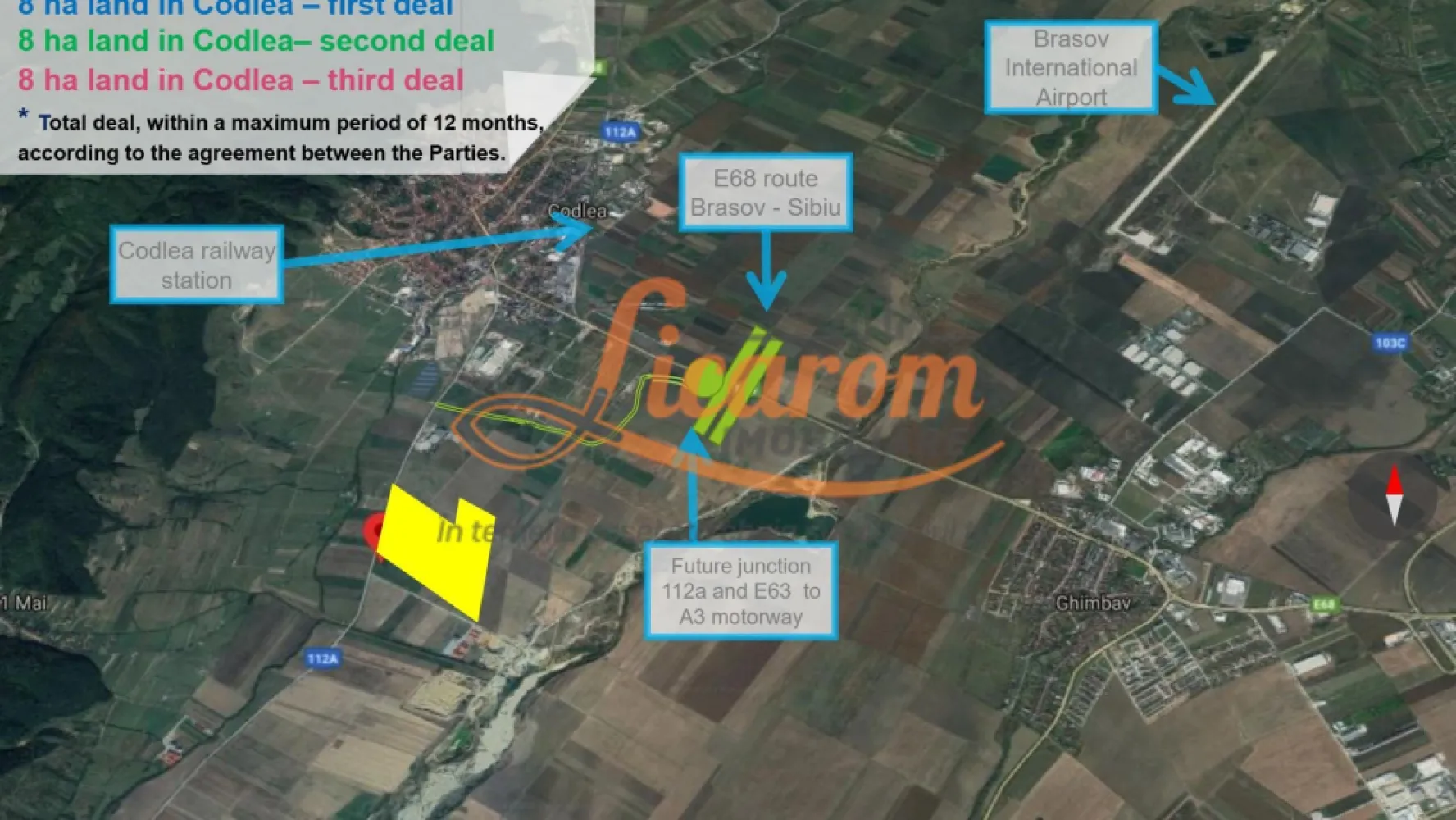 Codlea teren constructii industriale sau logistice 8 ha pana la 24 Ha - Licarom Imobiliare propune spre vanzare in zona metropolitana a Brasovului o OPORTUNITATE DE INVESTITIE :
Cea mai mare suprafață de teren disponibilă lângă intersecția cu A3, in orasul Codlea zona industriala,teren pentru constructii industriale sau logistice 80.000 mp până la 240.000 mp cu acces rutier cu două benzi (DN112A),lățime front de drum de 160 ml până la 360 ml,cu utilități (electricitate, canalizare, apă, gaz).
Terenul are urmatorii coeficienti : CUT (Coeficient de Utilizare a Terenului)pana la 2 si POT (Ocupare Parcela %) pana la 70%
•
Front stradal pe 2 laturi – de la 160 ml până la 500 m la DJ112A
•
Acces facil rutier și feroviar, permițând conexiunea cu Europa Centrală, precum și o conexiune excelentă cu diversele regiuni ale României.
La distanta de 8 km se afla Aeroportul International GHIMBAV
La distanta de 1,5 km se afla intersectia cu viitorul lot din autostrada A3
In preajma terenului deasemenea gasim WDP Industrial Park Codlea ; DRAXELMAIER Codlea;IPB (Ind.Park Brasov) Ghimbav 
 VECTRA International Codlea & Ghimbav Parcul Olimpic Ghimbav de CTP VGP Ind. Park Brasov 
RA-RA Logistics, Brasov ,Parcul Industrial Feldioara-Hălchiu (Miele) Euro Park Brasov etc.

Pretul este de 45 euro/mp negociabil.

Pentru mai multe informatii,nu ezitati sa ne contactati la telefon 0741059397 Consultant imobiliar Calin si 0723985424 Consultant imobiliar Liliana